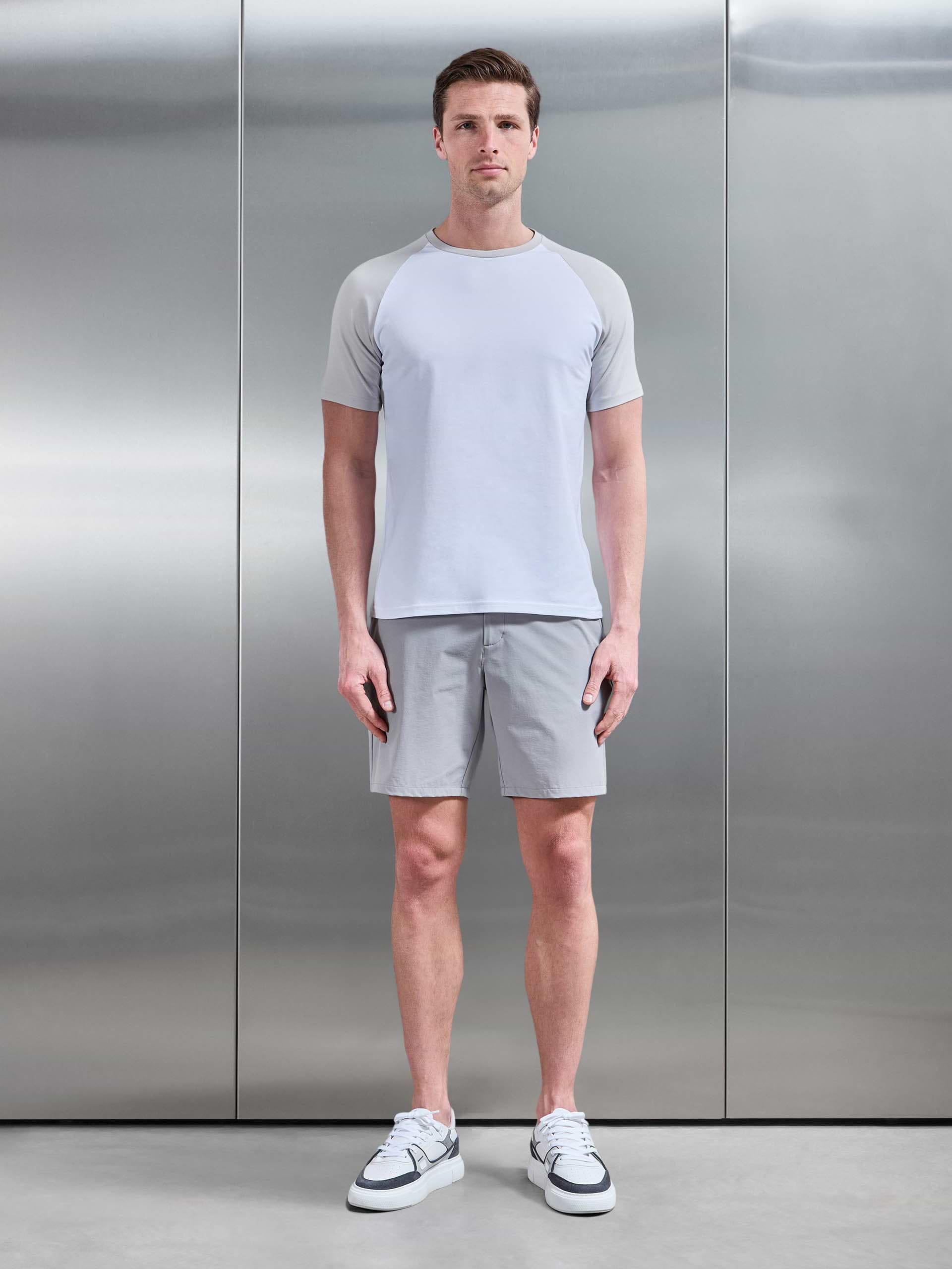 Raglan Slim Fit Stretch Cotton T-Shirt in White Mid Grey