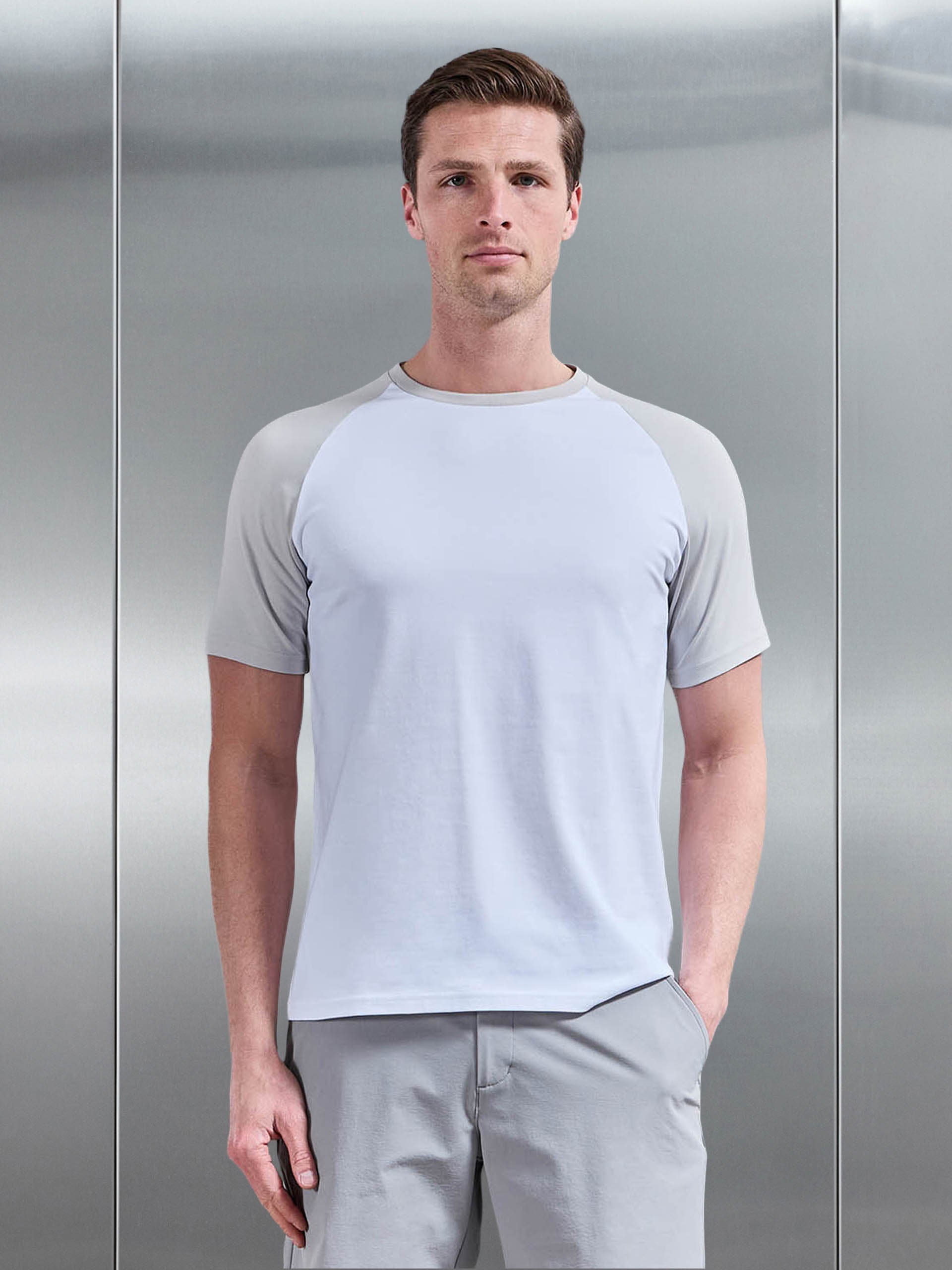Raglan Slim Fit Stretch Cotton T-Shirt in White Mid Grey