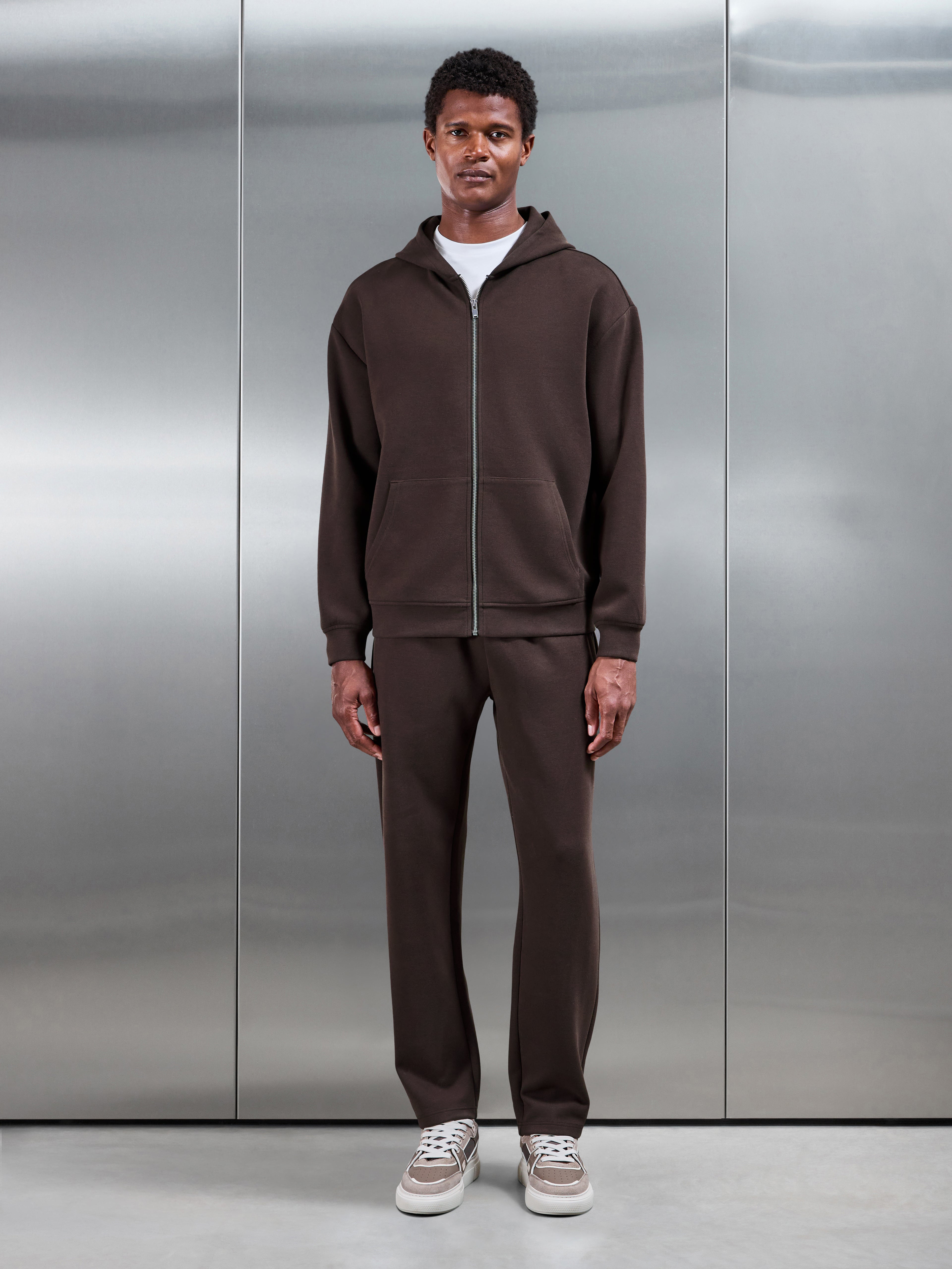Relaxed Fit Knitted Zip Through Hoodie in Brown
