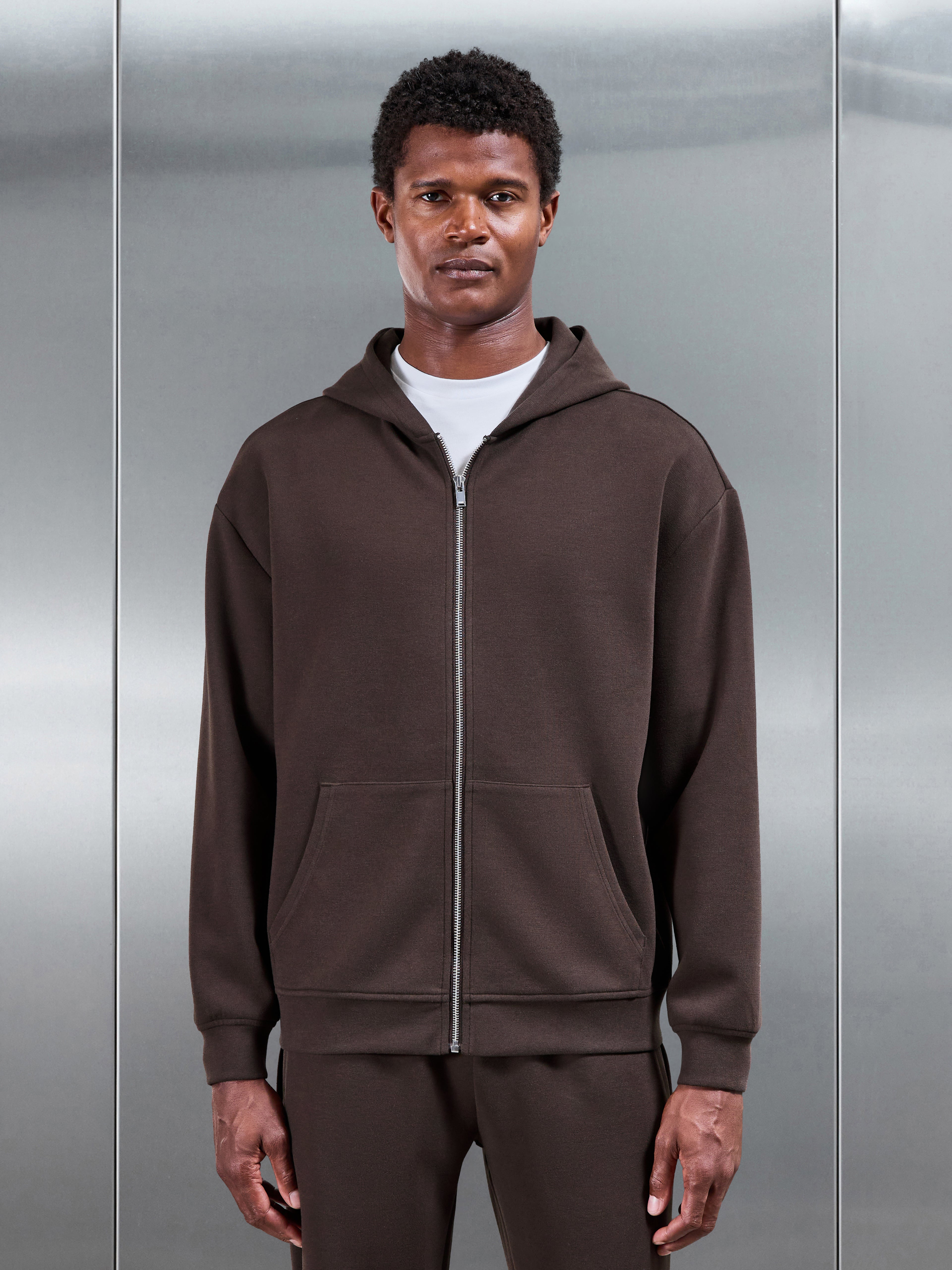 Relaxed Fit Knitted Zip Through Hoodie in Brown