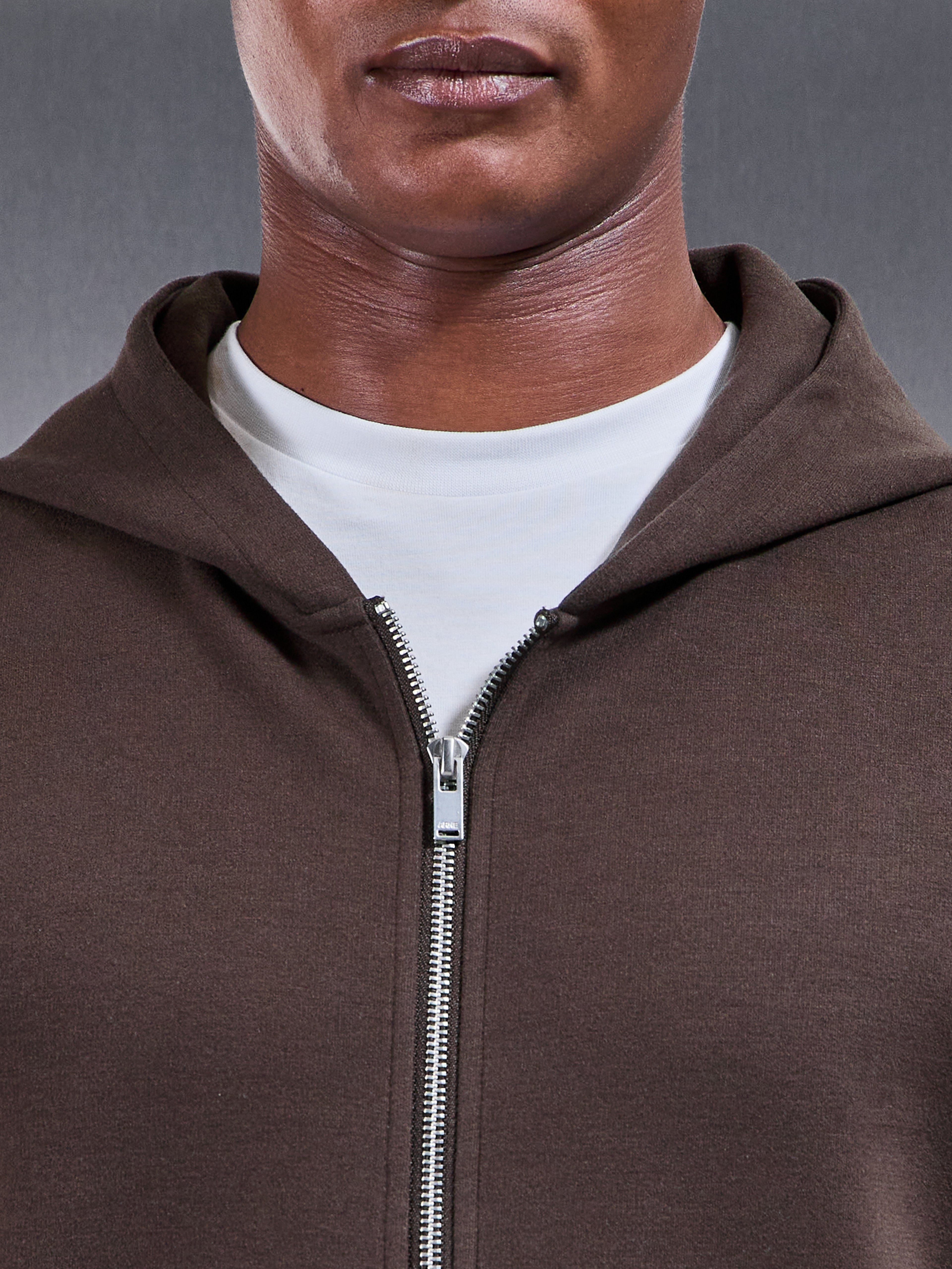 Relaxed Fit Knitted Zip Through Hoodie in Brown