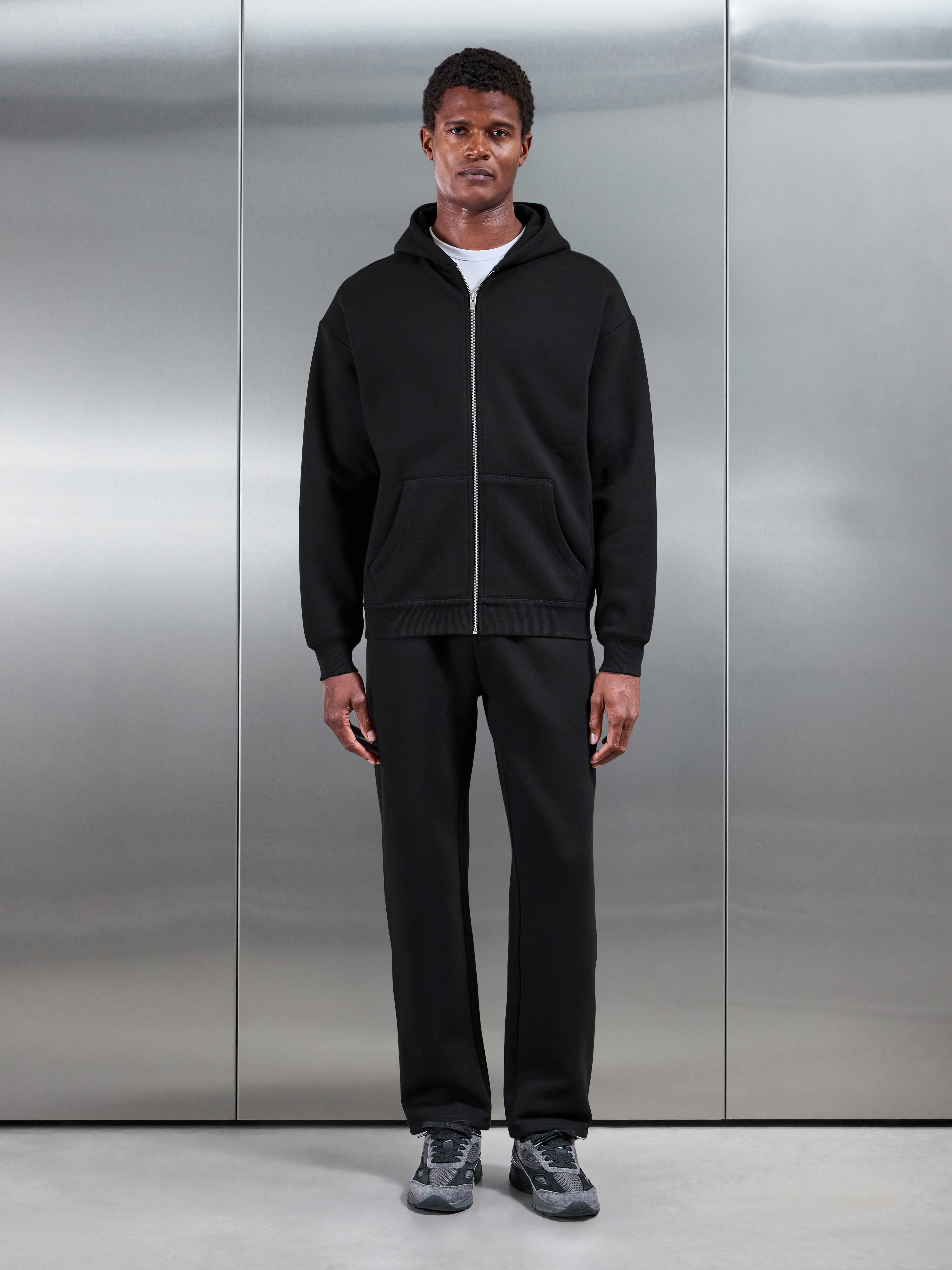 Relaxed Fit Zip Through Hoodie in Black