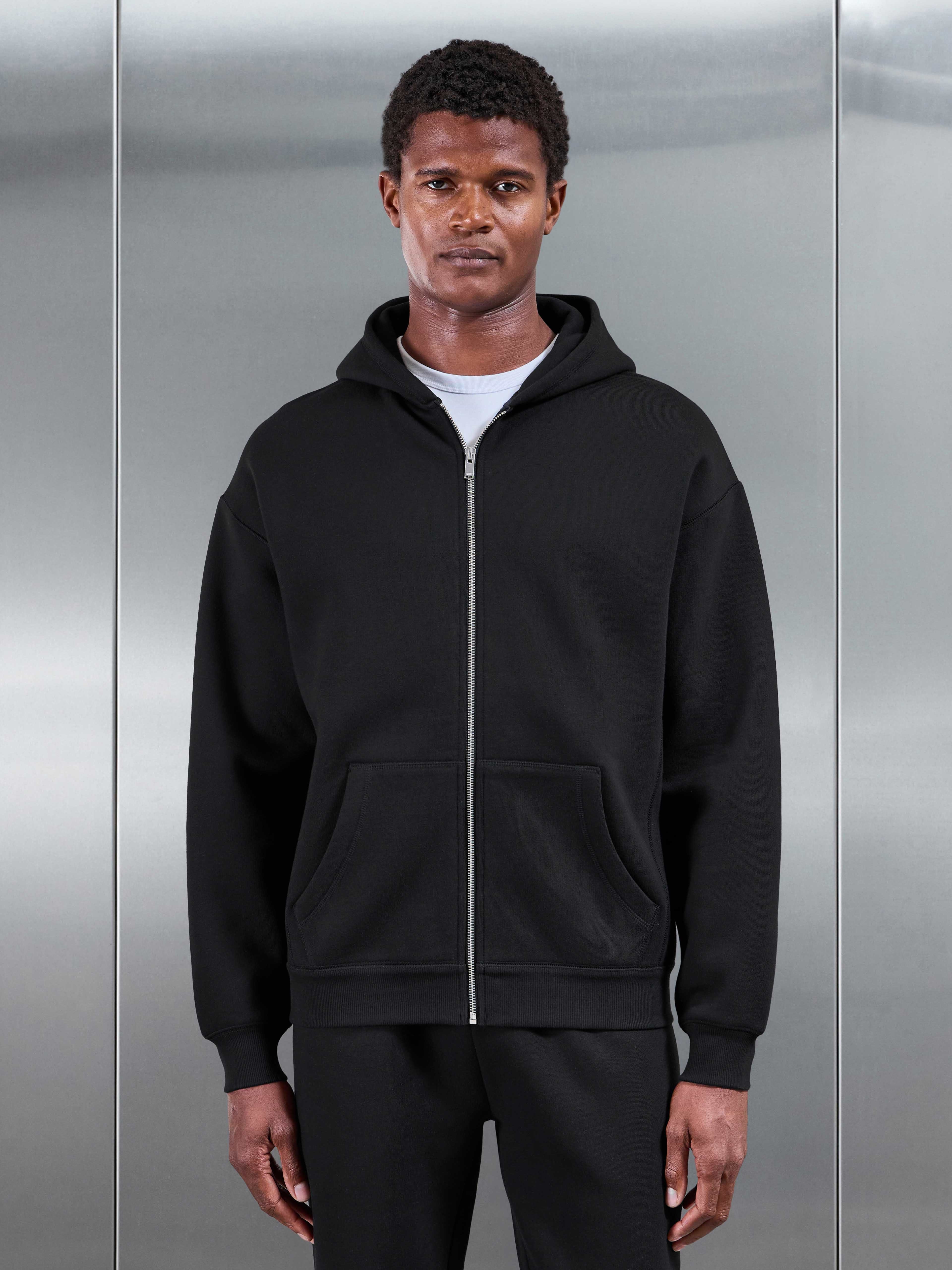 Relaxed Fit Zip Through Hoodie in Black