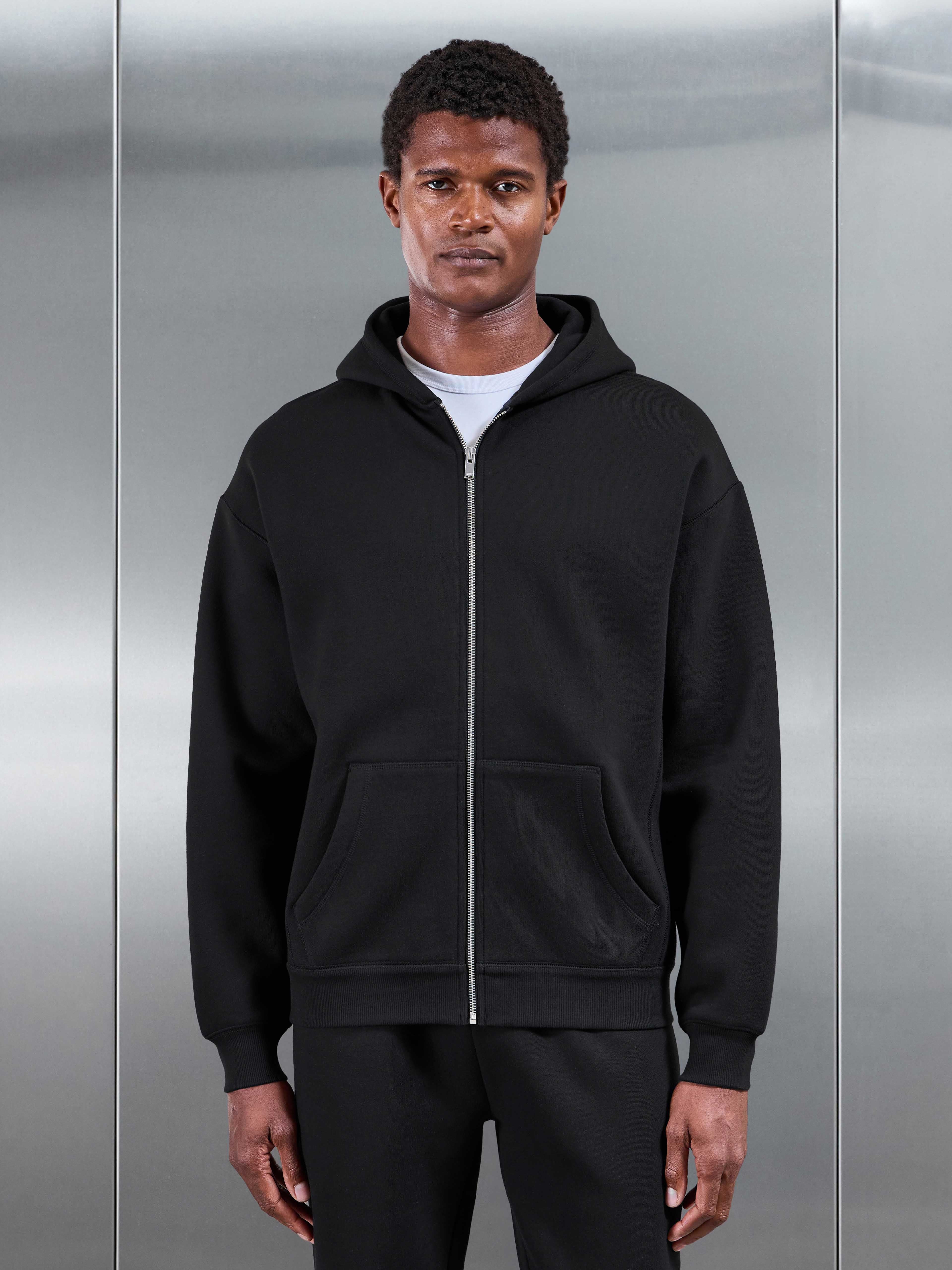Relaxed Fit Zip Through Hoodie in Black