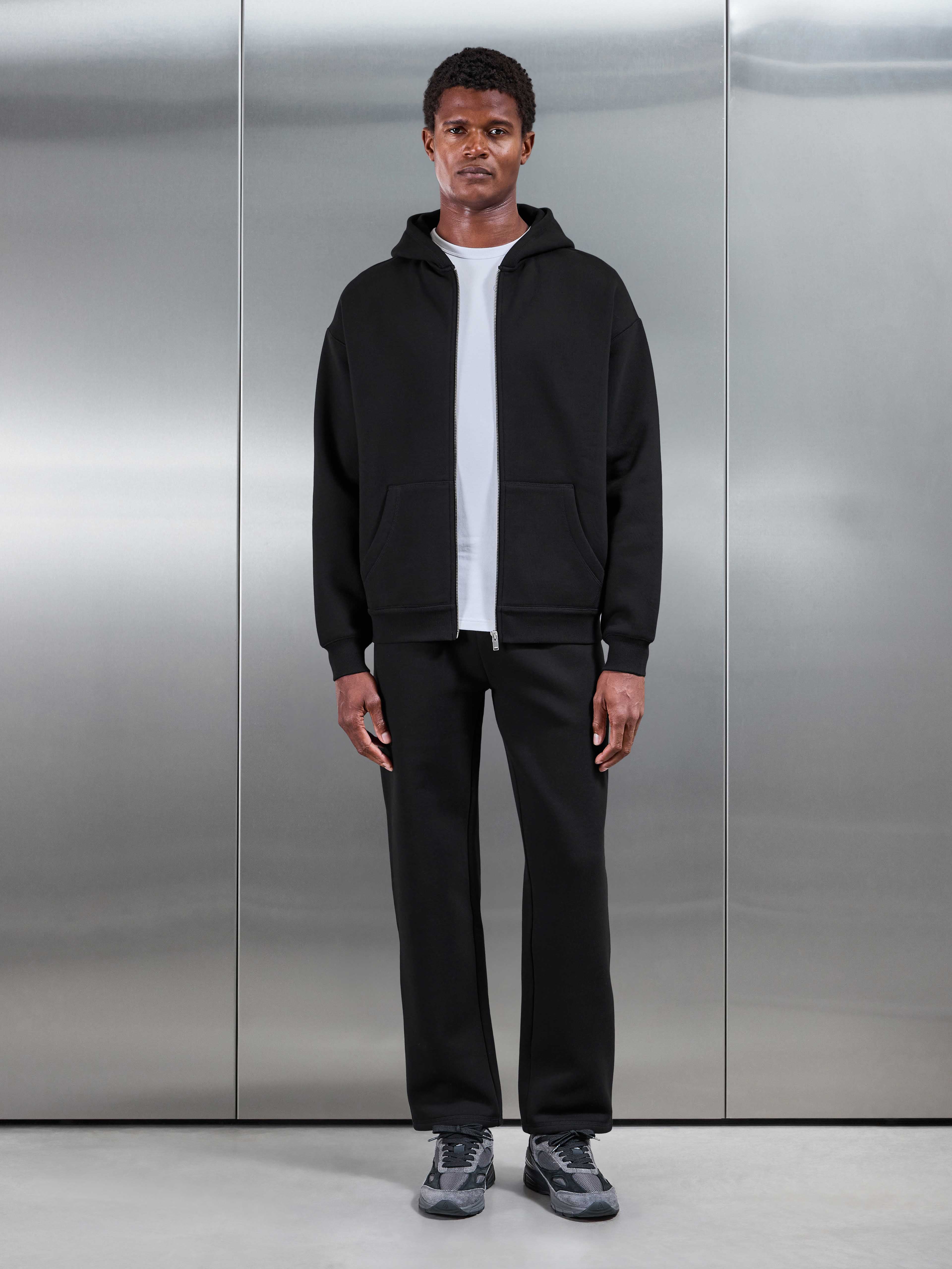Relaxed Fit Zip Through Hoodie in Black