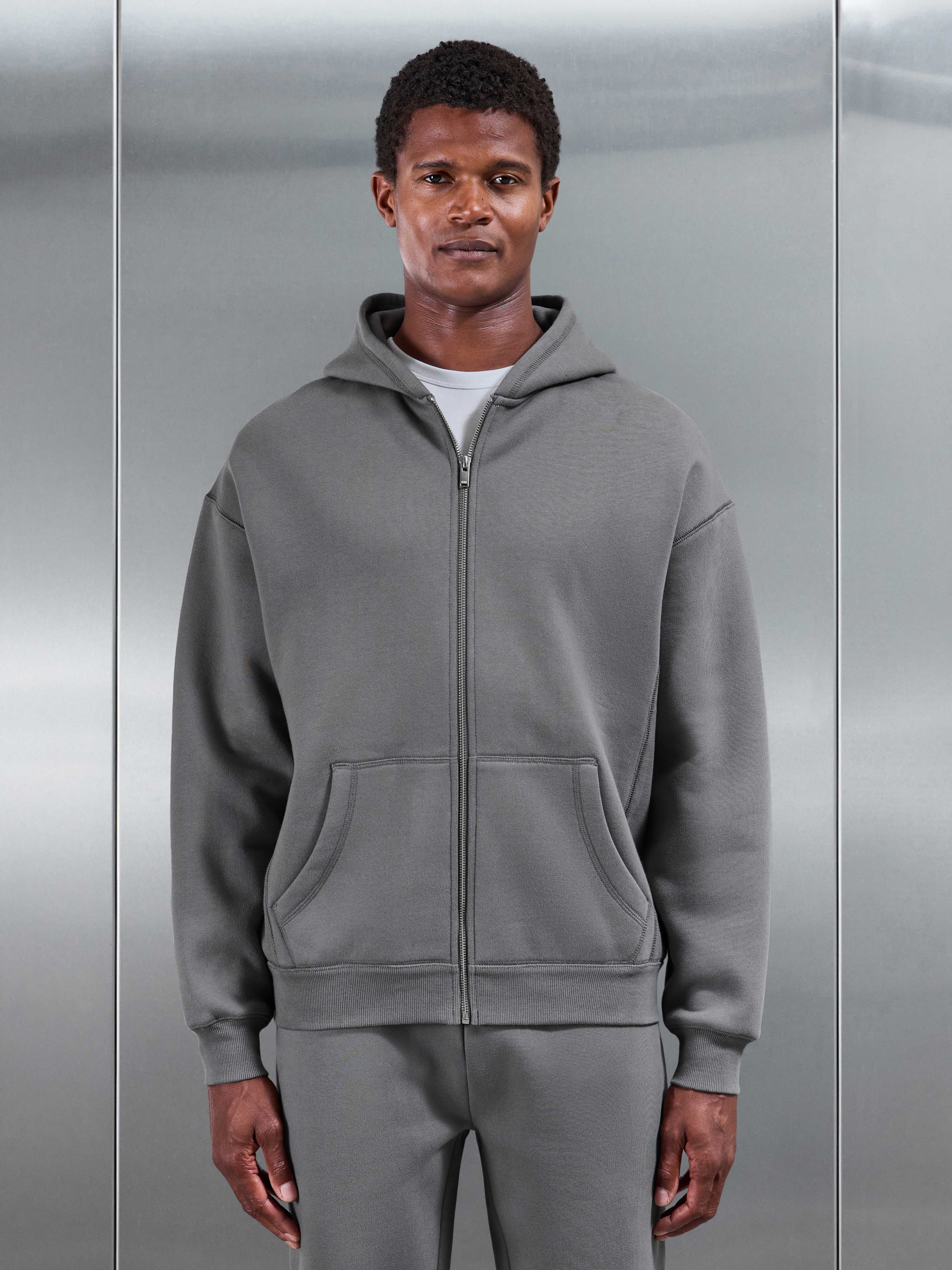 Relaxed Fit Zip Through Hoodie in Grey
