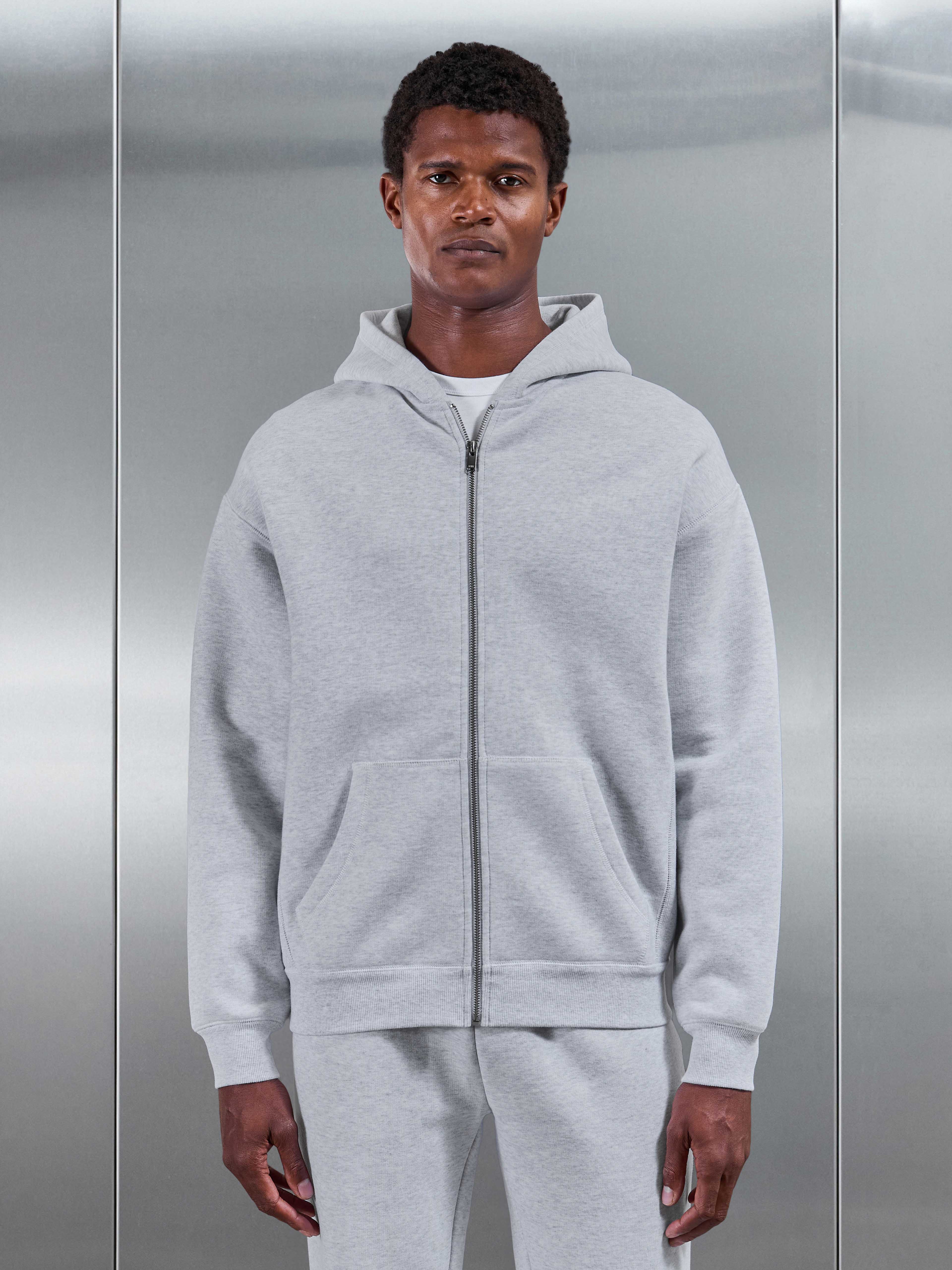 Relaxed Fit Zip Through Hoodie in Marl Grey