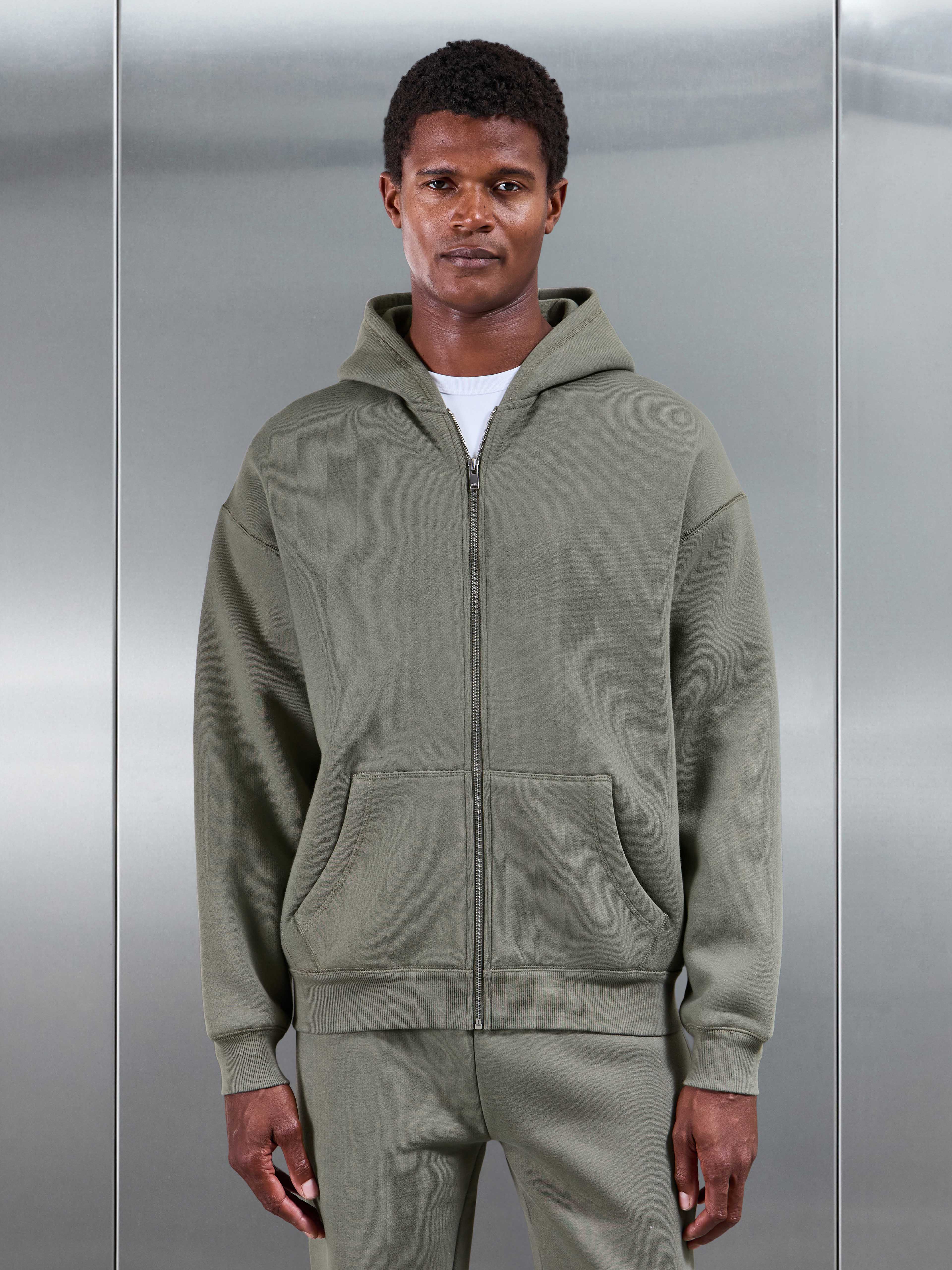 Relaxed Fit Zip Through Hoodie in Olive