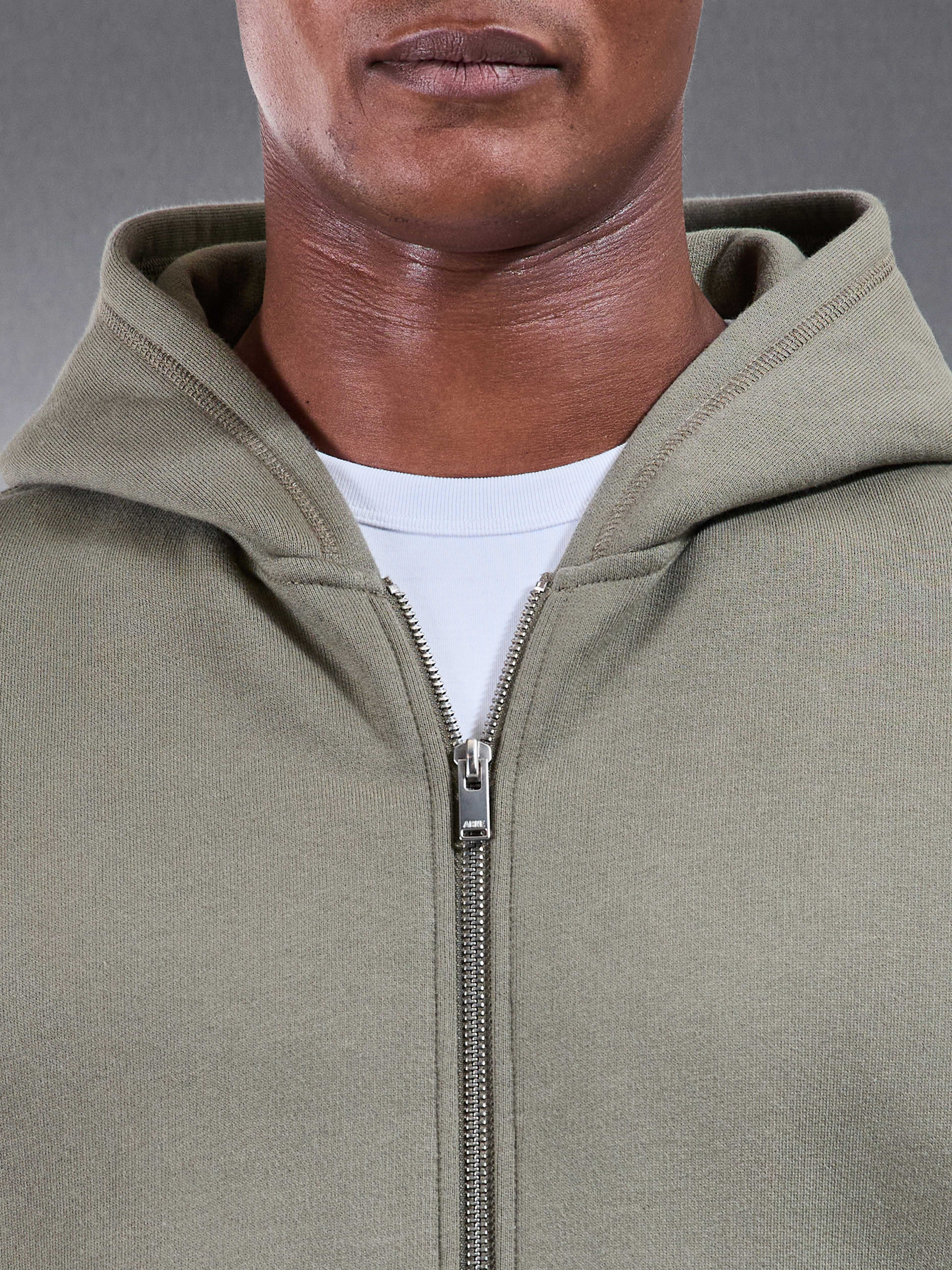 Relaxed Fit Zip Through Hoodie in Olive
