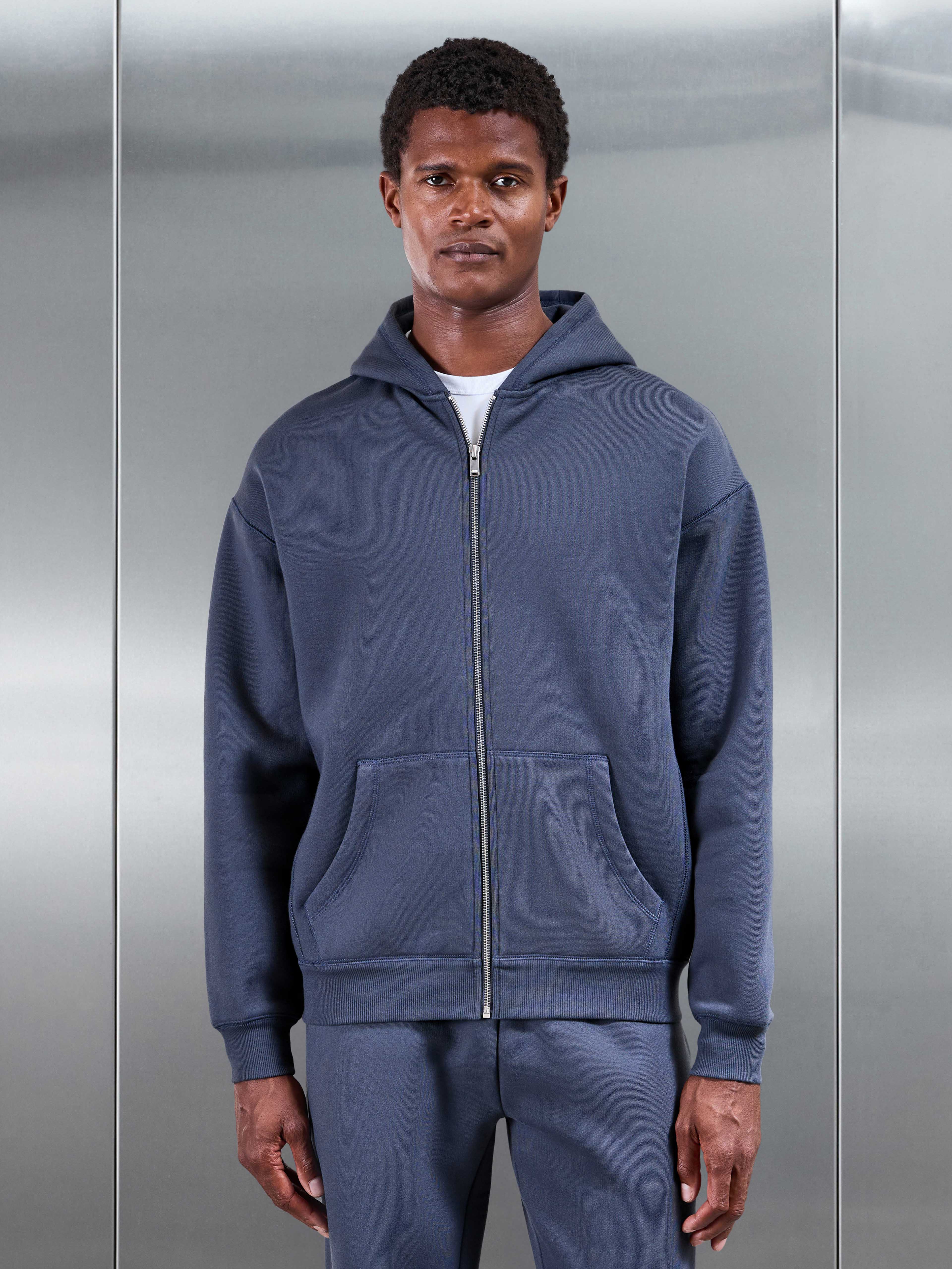 Relaxed Fit Zip Through Hoodie in Slate Blue