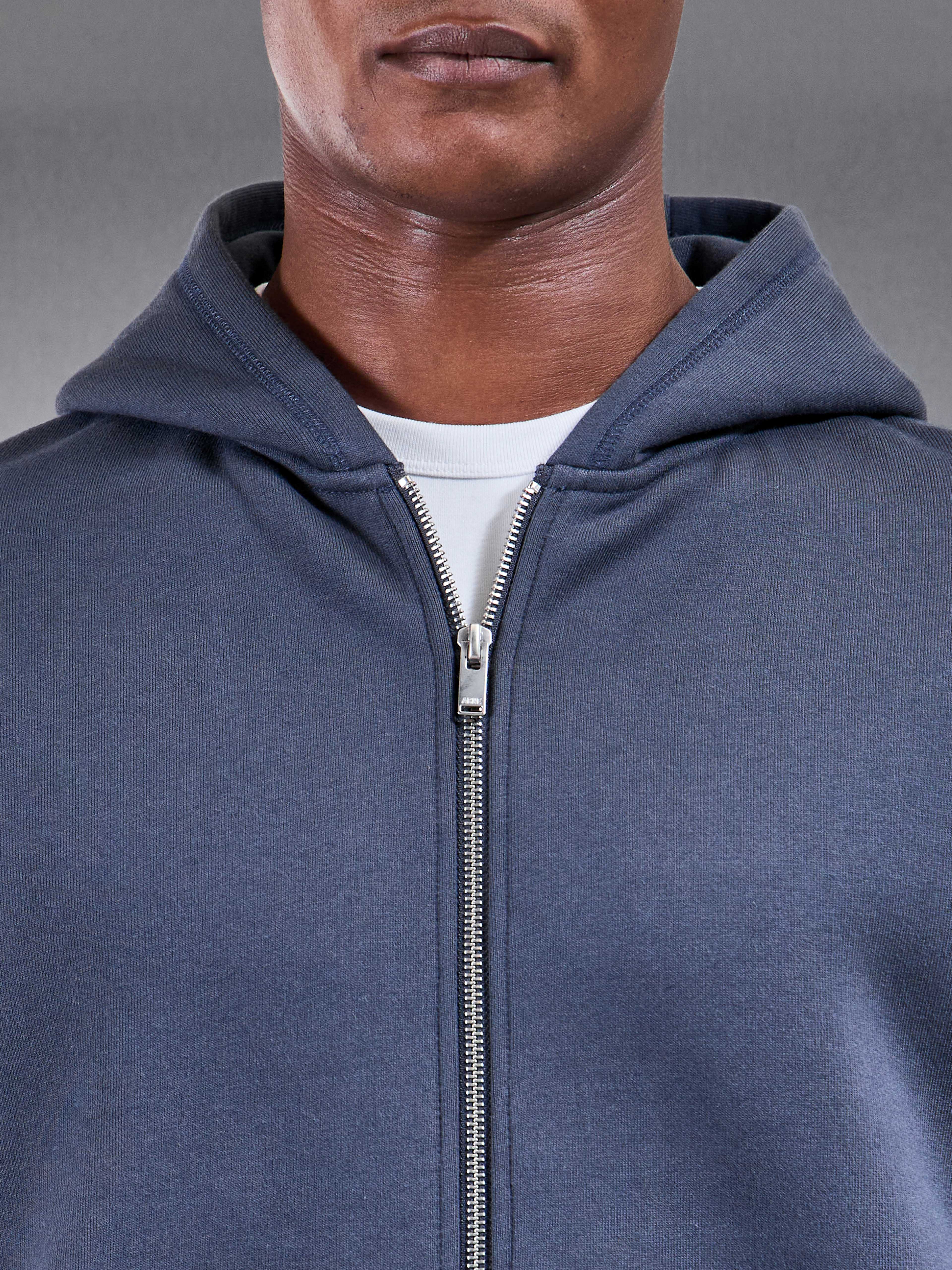 Relaxed Fit Zip Through Hoodie in Slate Blue