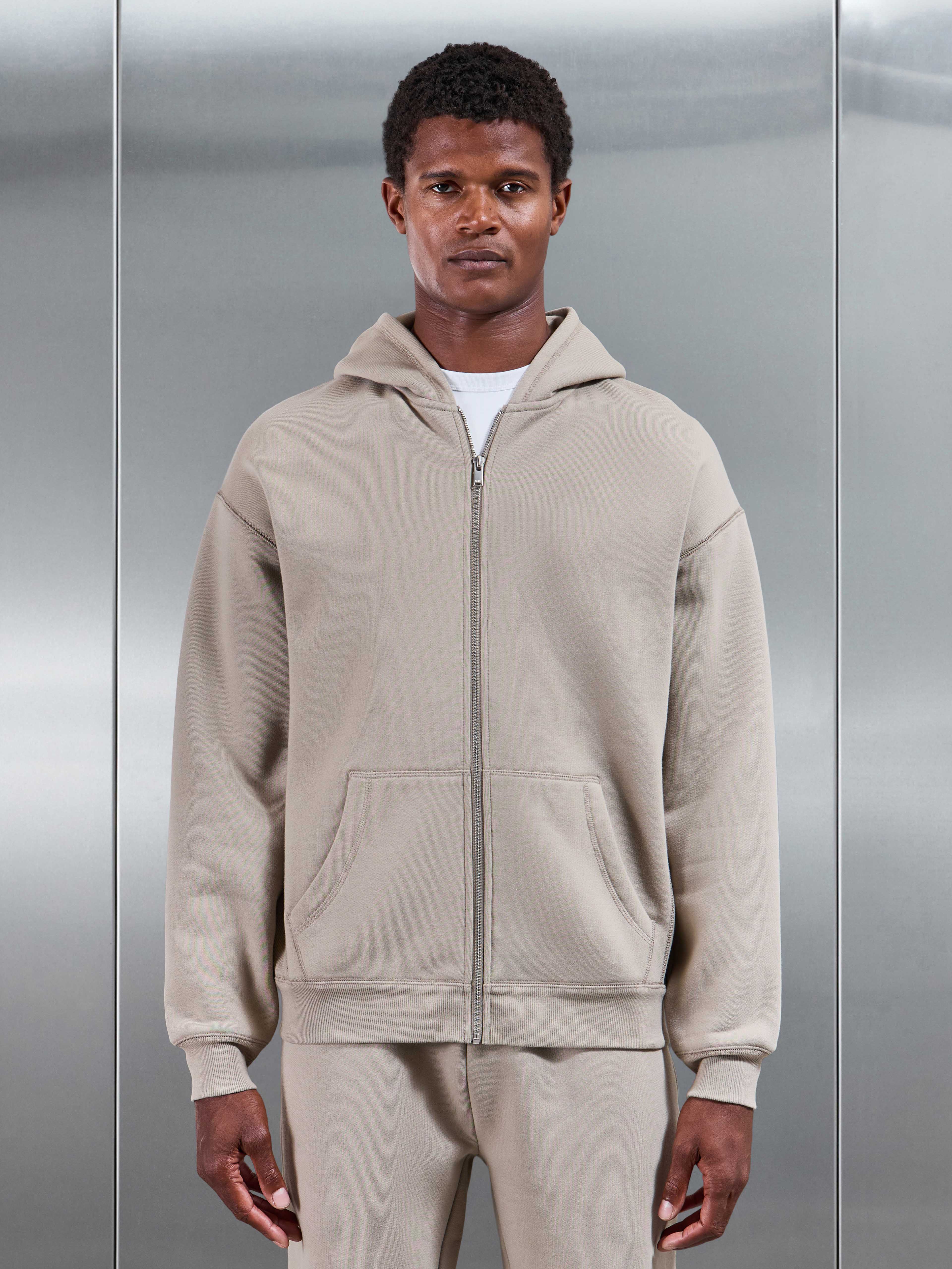 Relaxed Fit Zip Through Hoodie in Stone