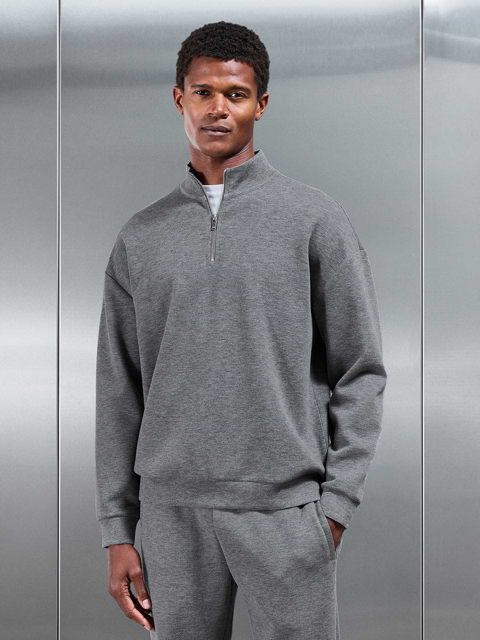Relaxed Fit Knitted Half Zip in Charcoal Marl