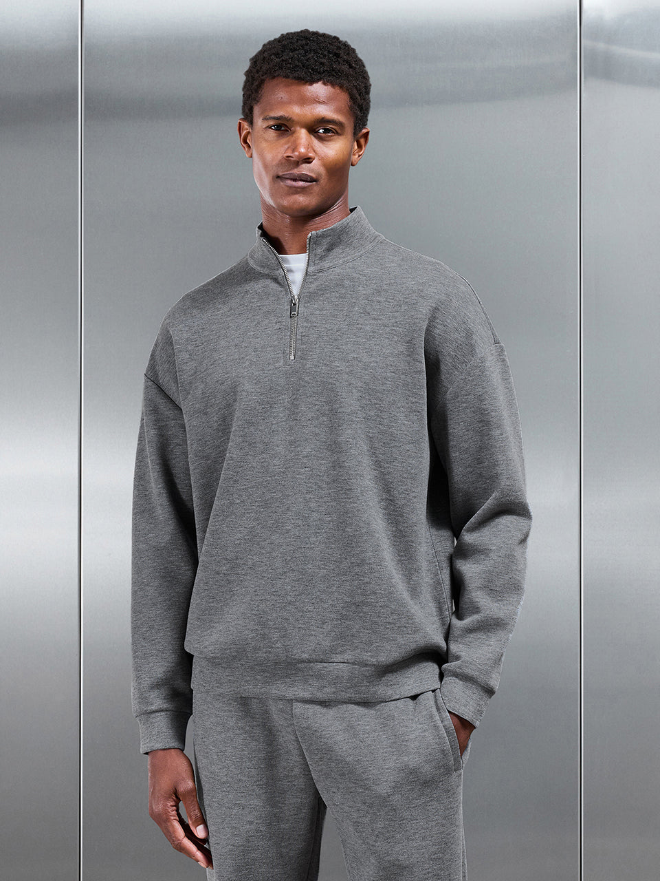 Relaxed Fit Knitted Half Zip in Charcoal Marl