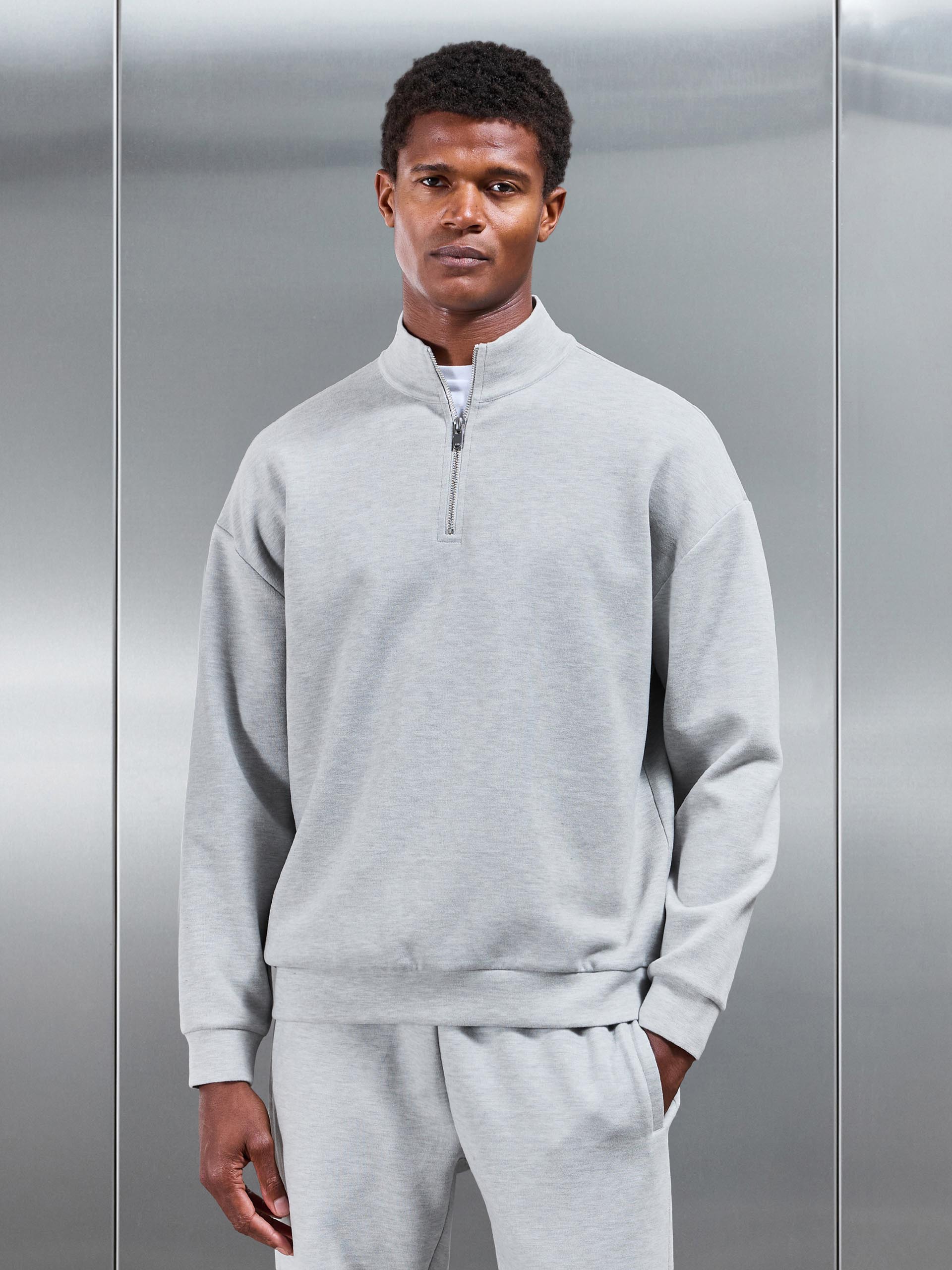 Relaxed Fit Knitted Half Zip in Marl Grey