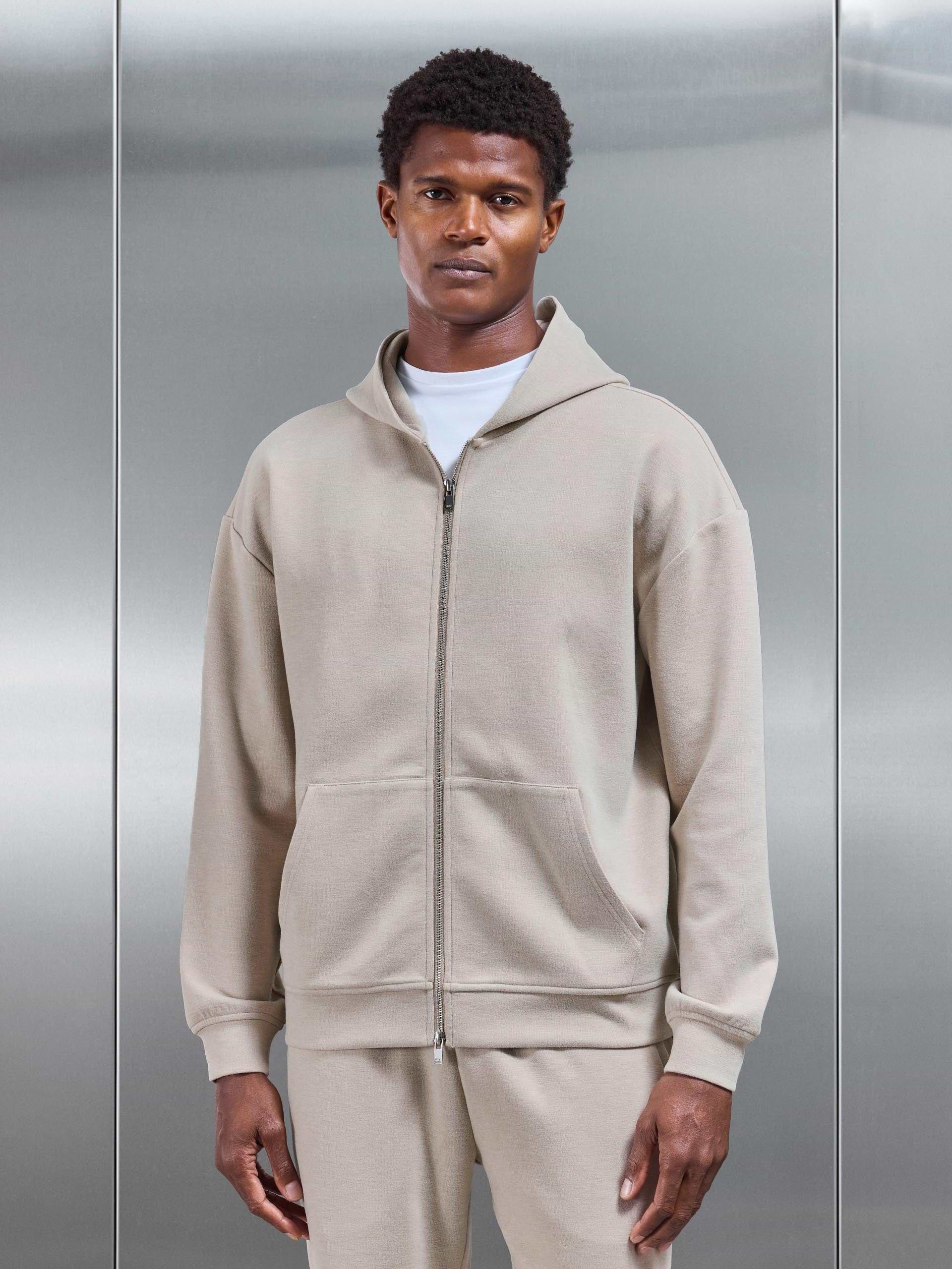 Relaxed Fit Knitted Zip Through Hoodie in Beige