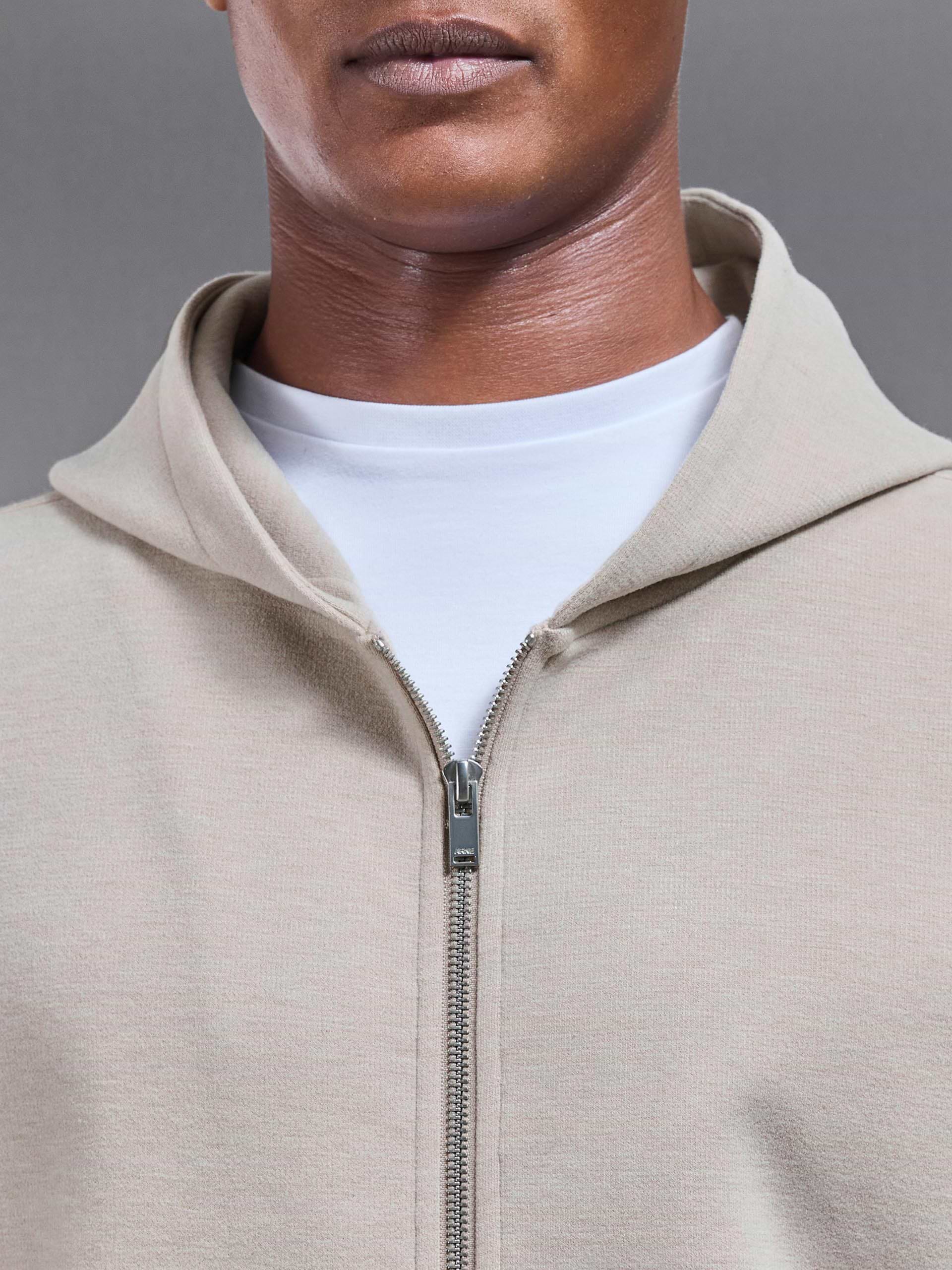 Relaxed Fit Knitted Zip Through Hoodie in Beige