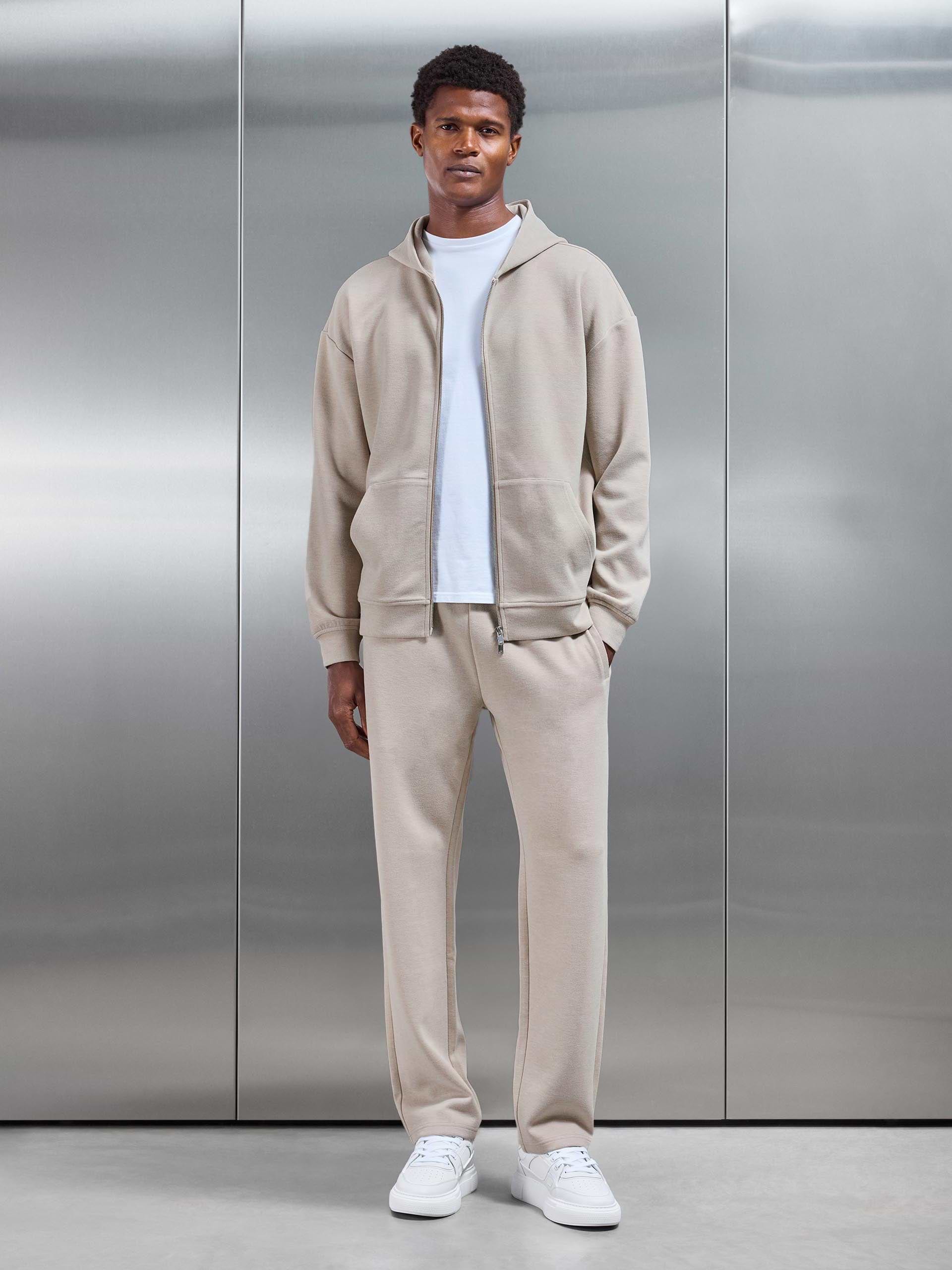 Relaxed Fit Knitted Zip Through Hoodie in Beige