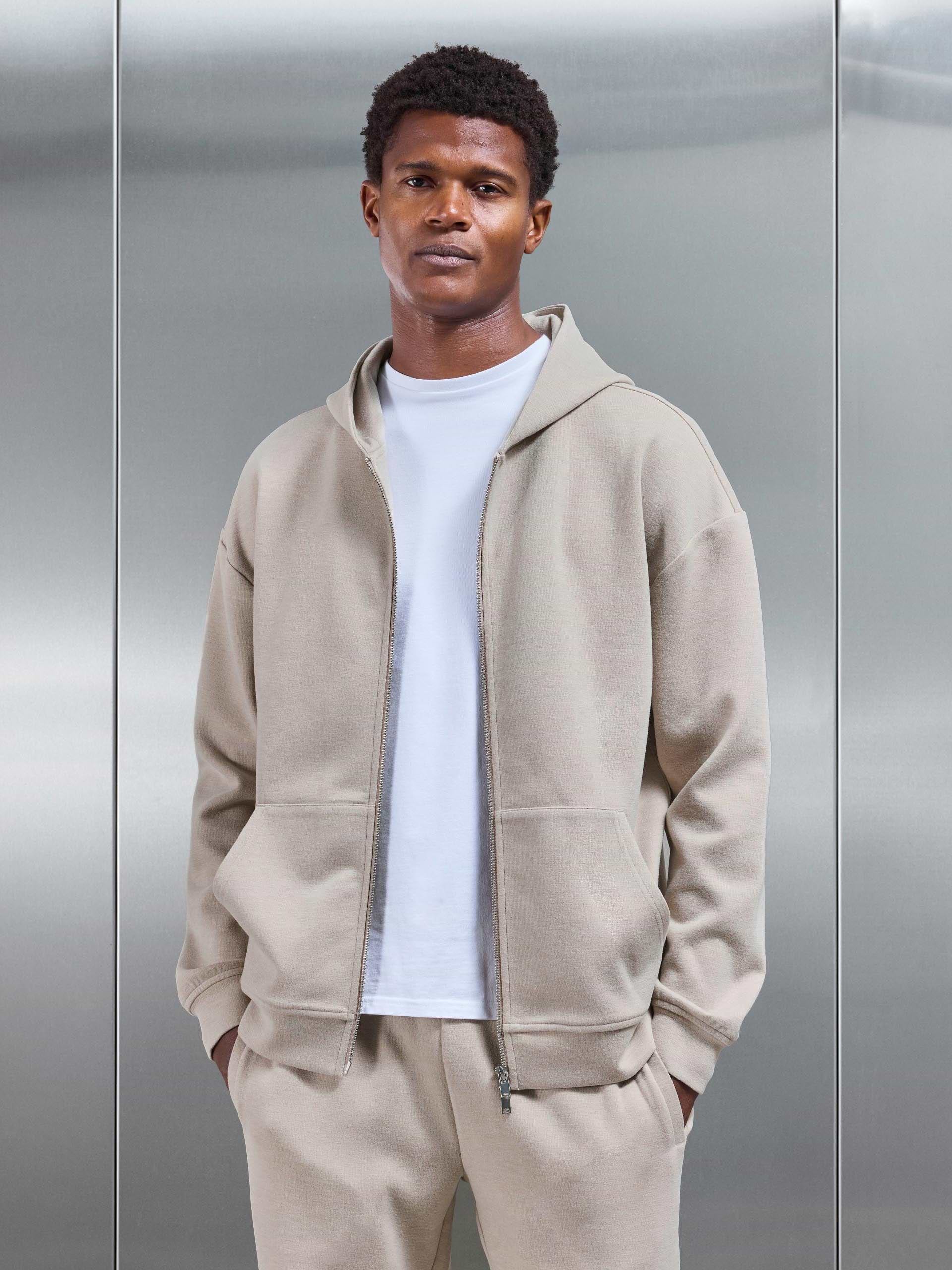 Relaxed Fit Knitted Zip Through Hoodie in Beige