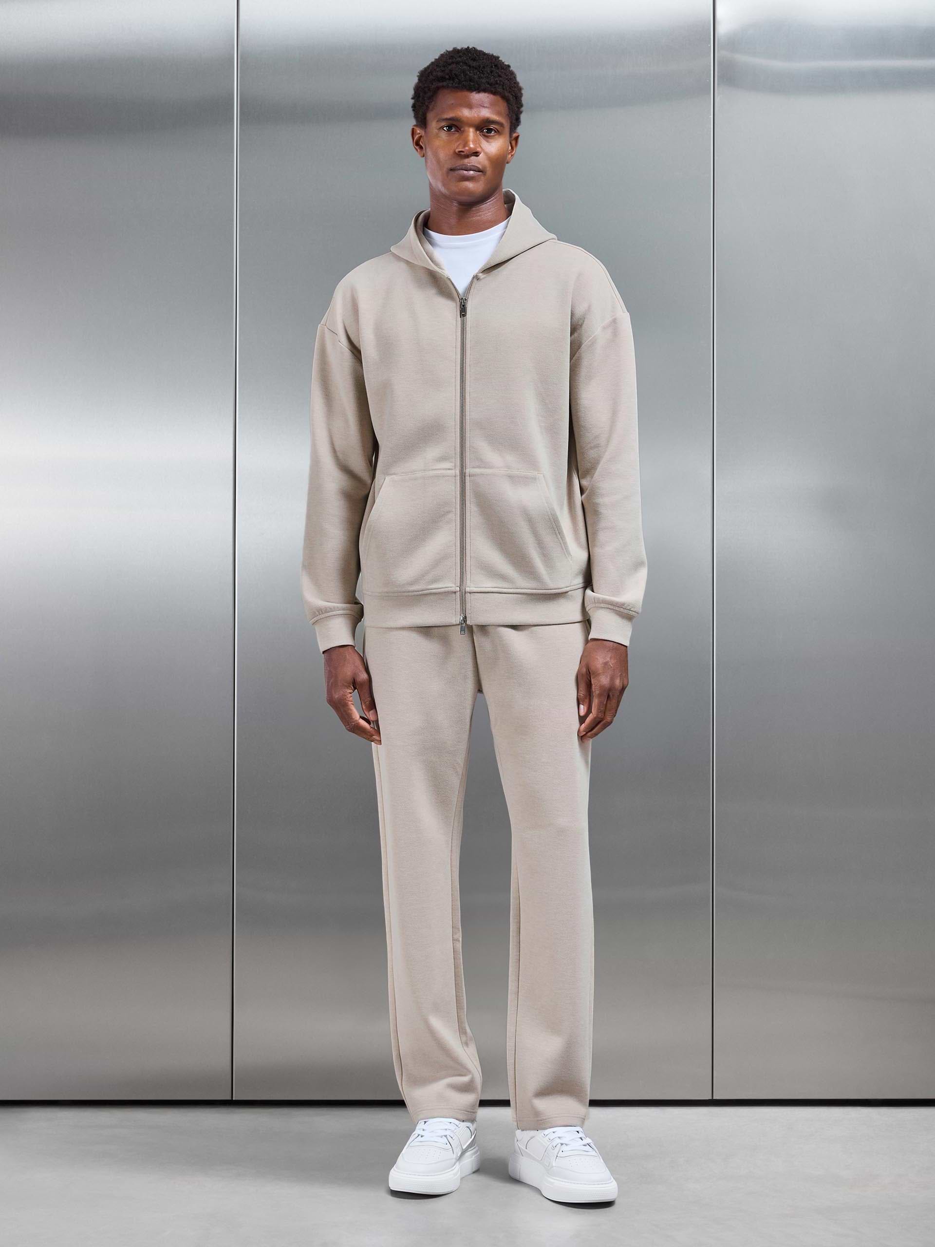 Relaxed Fit Knitted Zip Through Hoodie in Beige