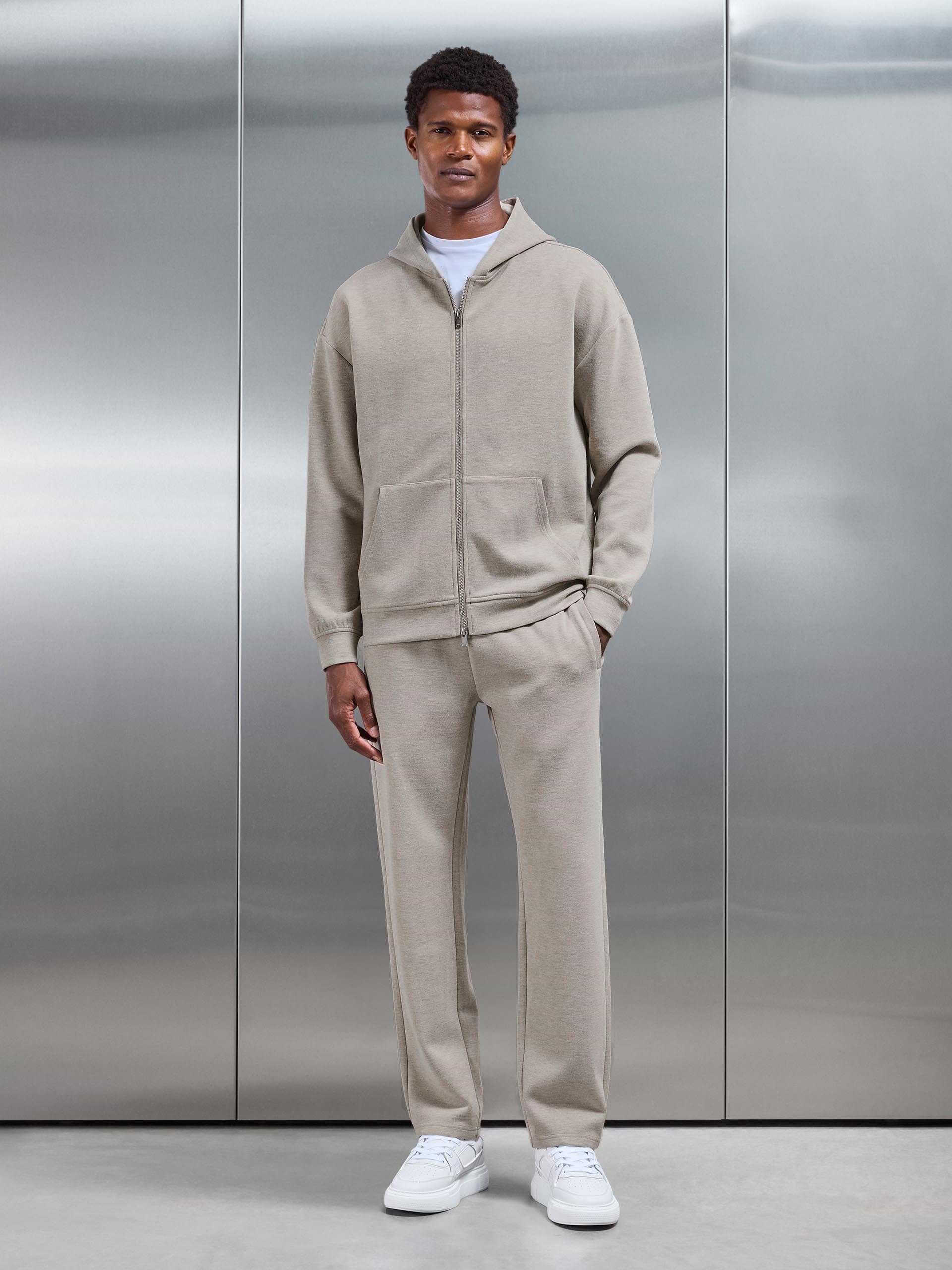 Relaxed Fit Knitted Zip Through Hoodie in Stone
