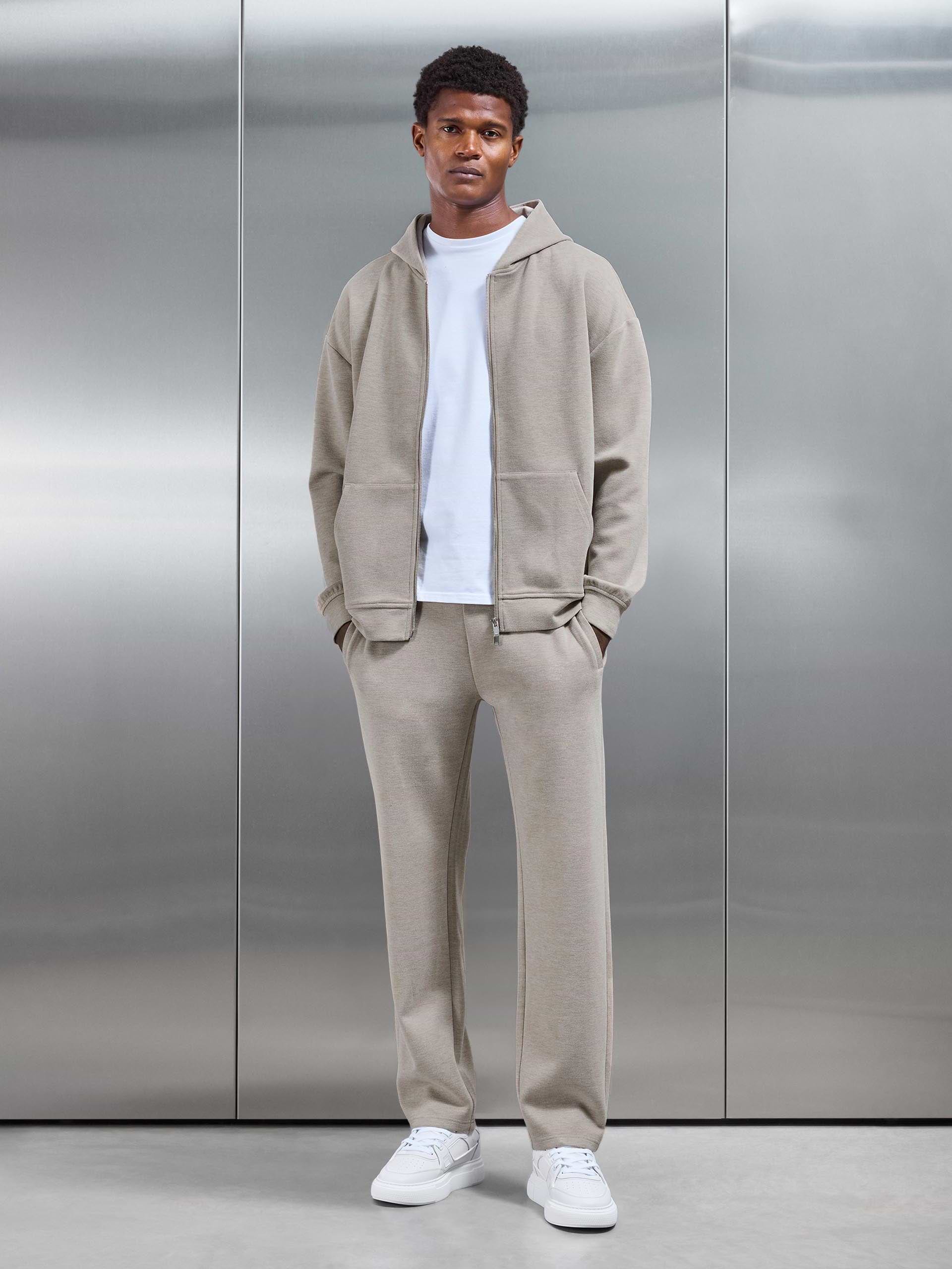 Relaxed Fit Knitted Zip Through Hoodie in Stone
