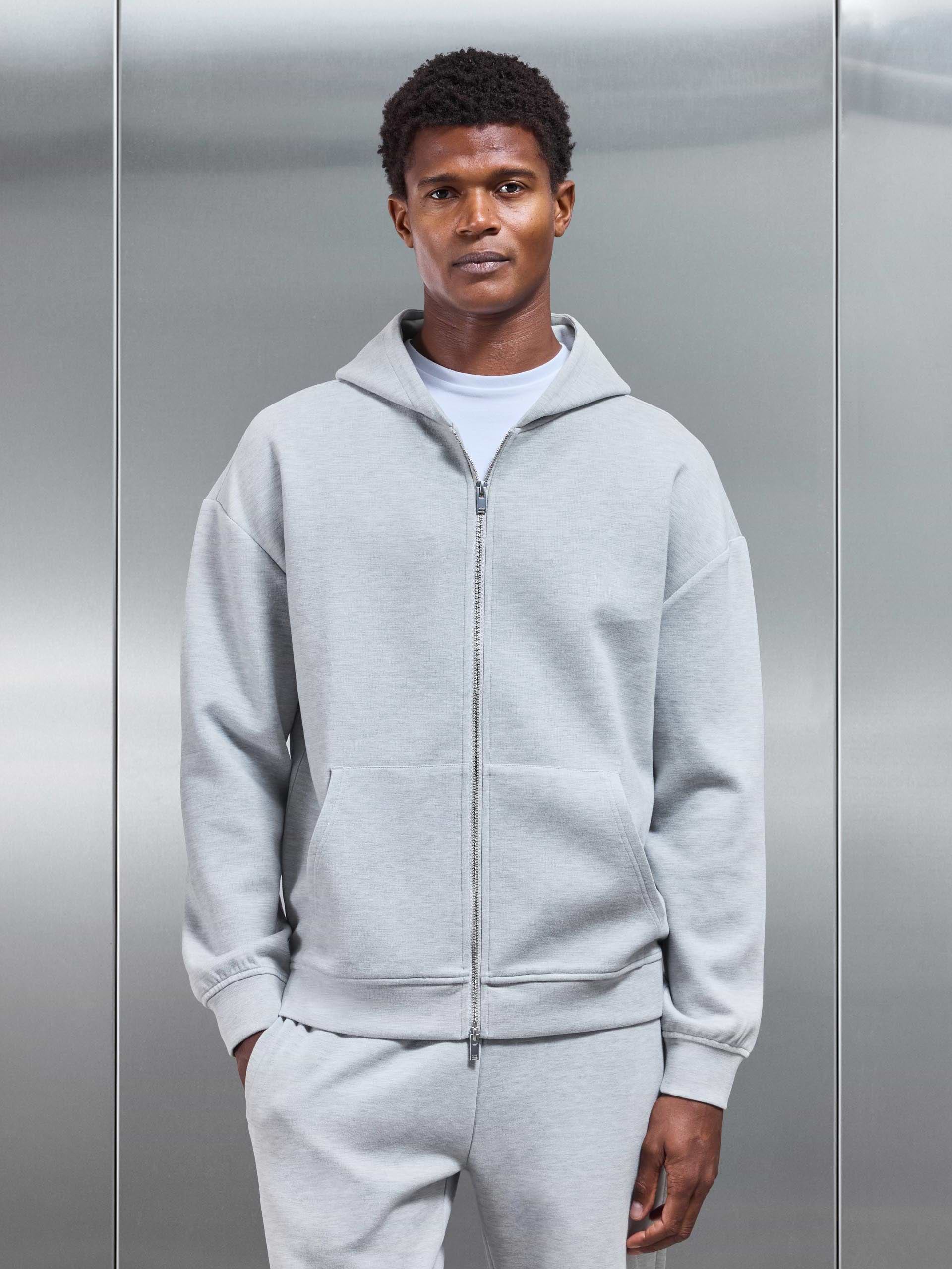 Relaxed Fit Knitted Zip Through Hoodie in Marl Grey