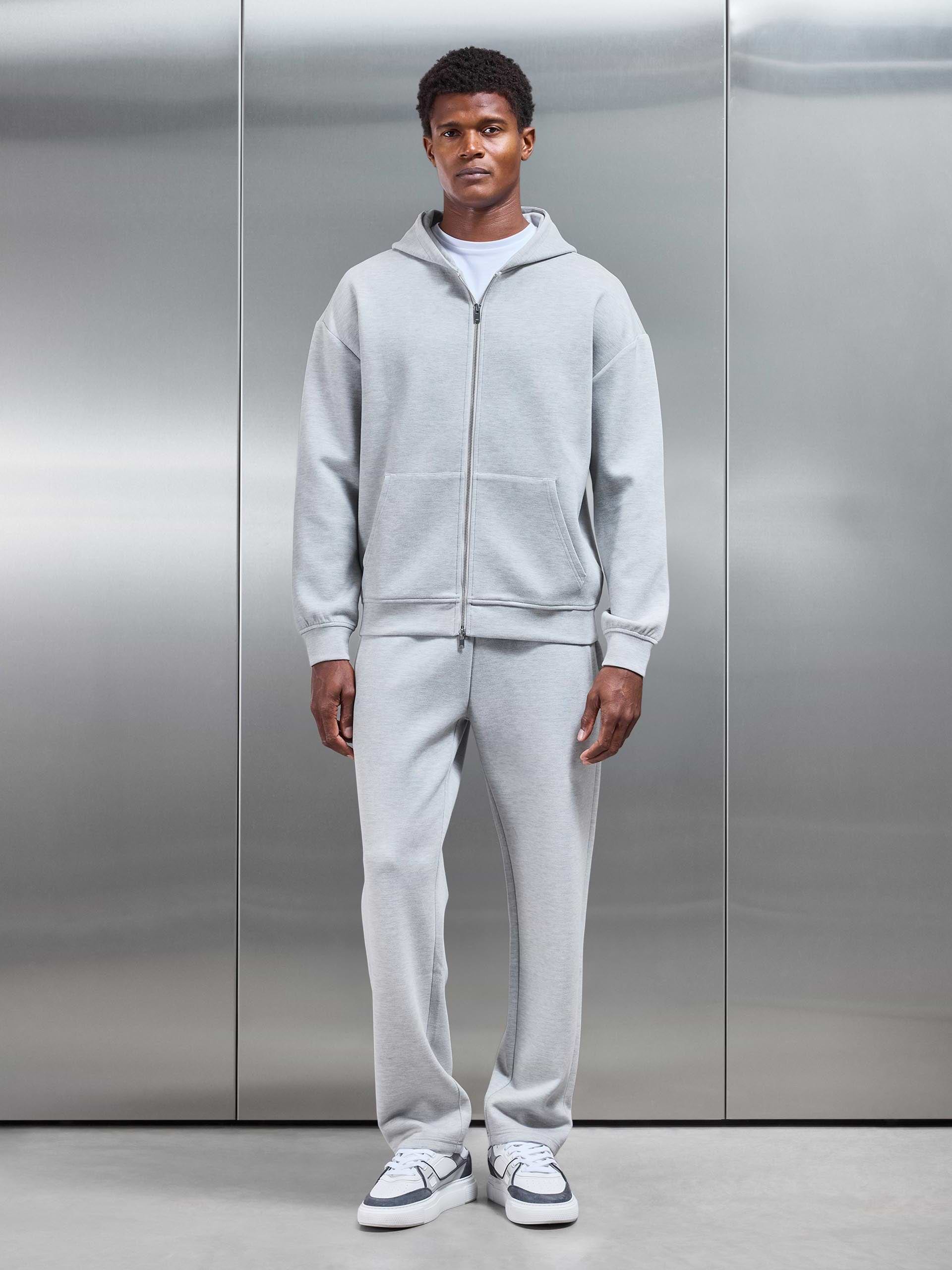 Relaxed Fit Knitted Zip Through Hoodie in Marl Grey