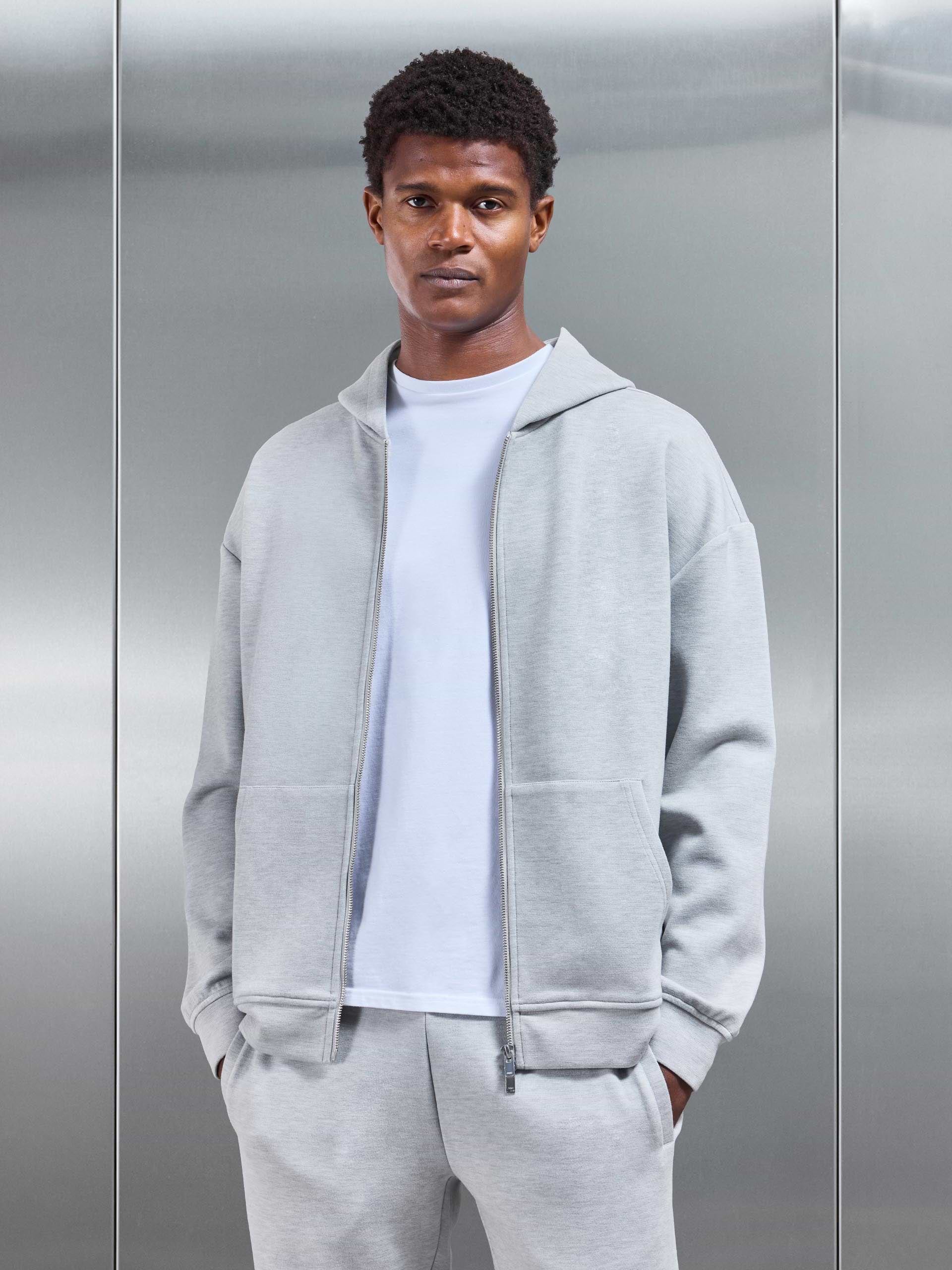 Relaxed Fit Knitted Zip Through Hoodie in Marl Grey