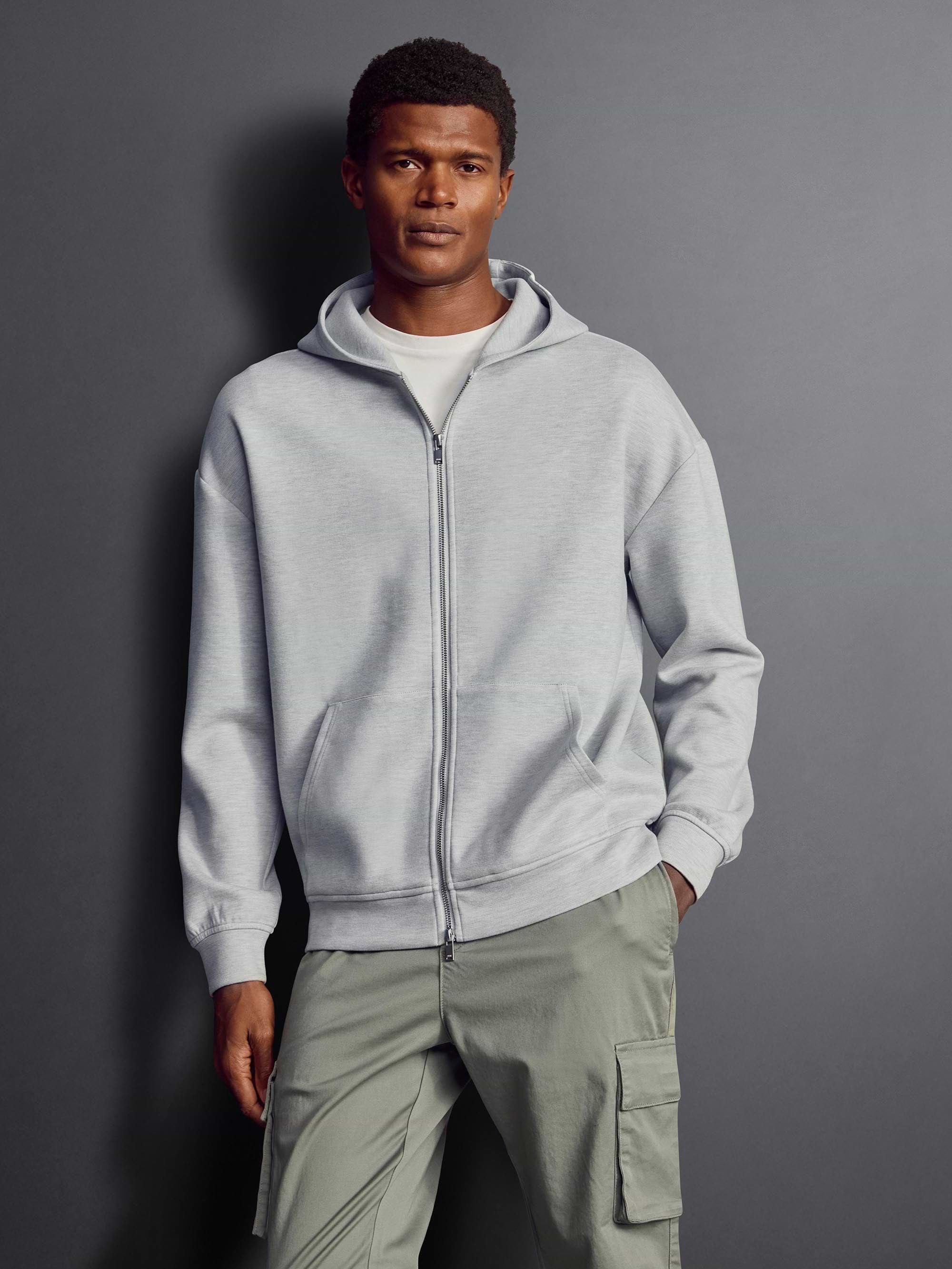 Relaxed Fit Knitted Zip Through Hoodie in Marl Grey