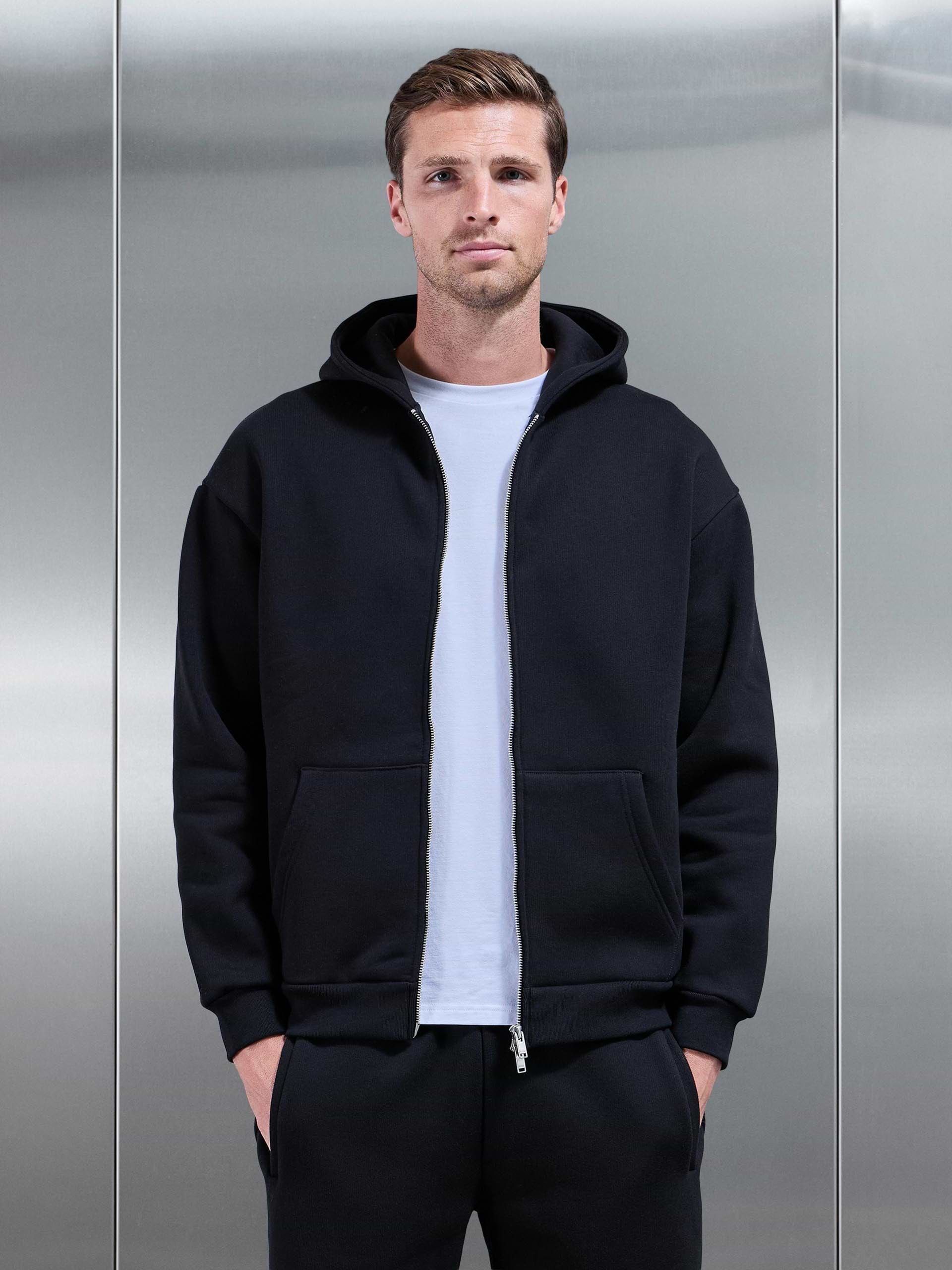 Relaxed Zip Through Hoodie in Black
