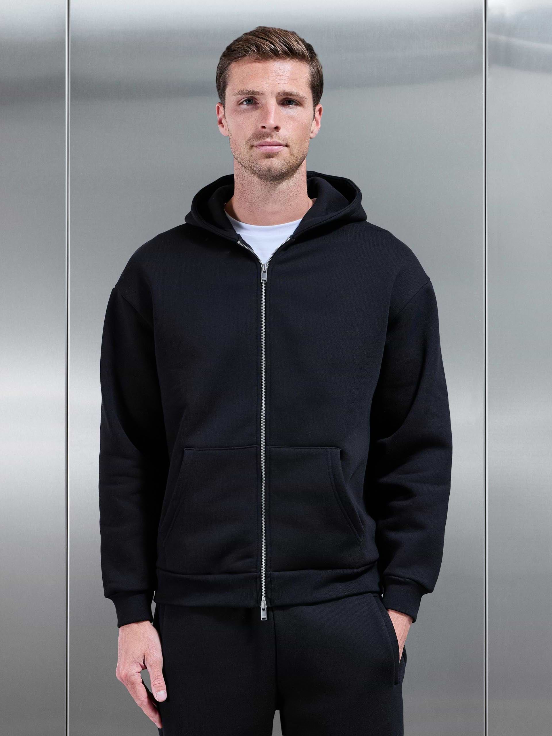 Relaxed Zip Through Hoodie in Black