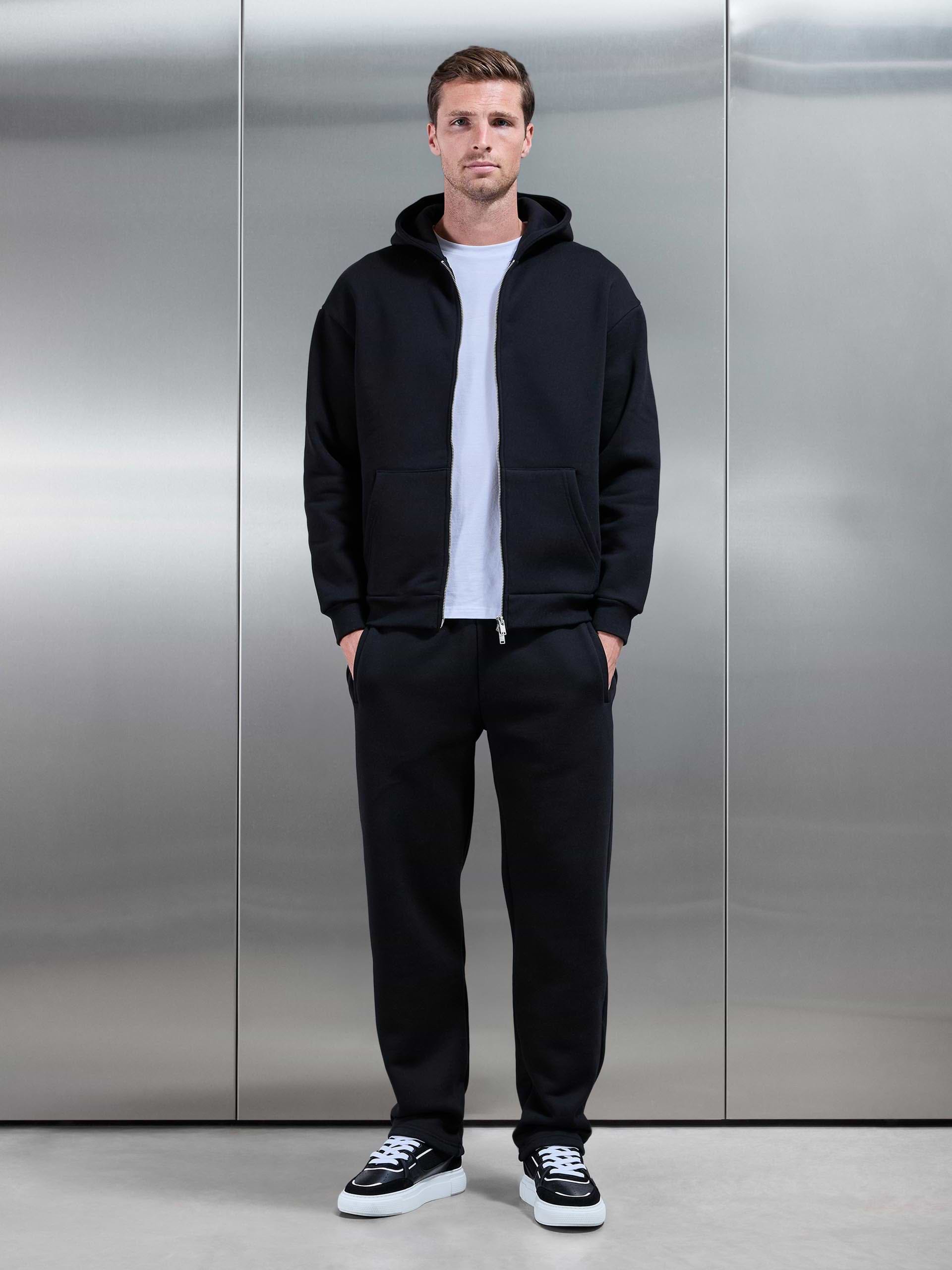 Relaxed Zip Through Hoodie in Black