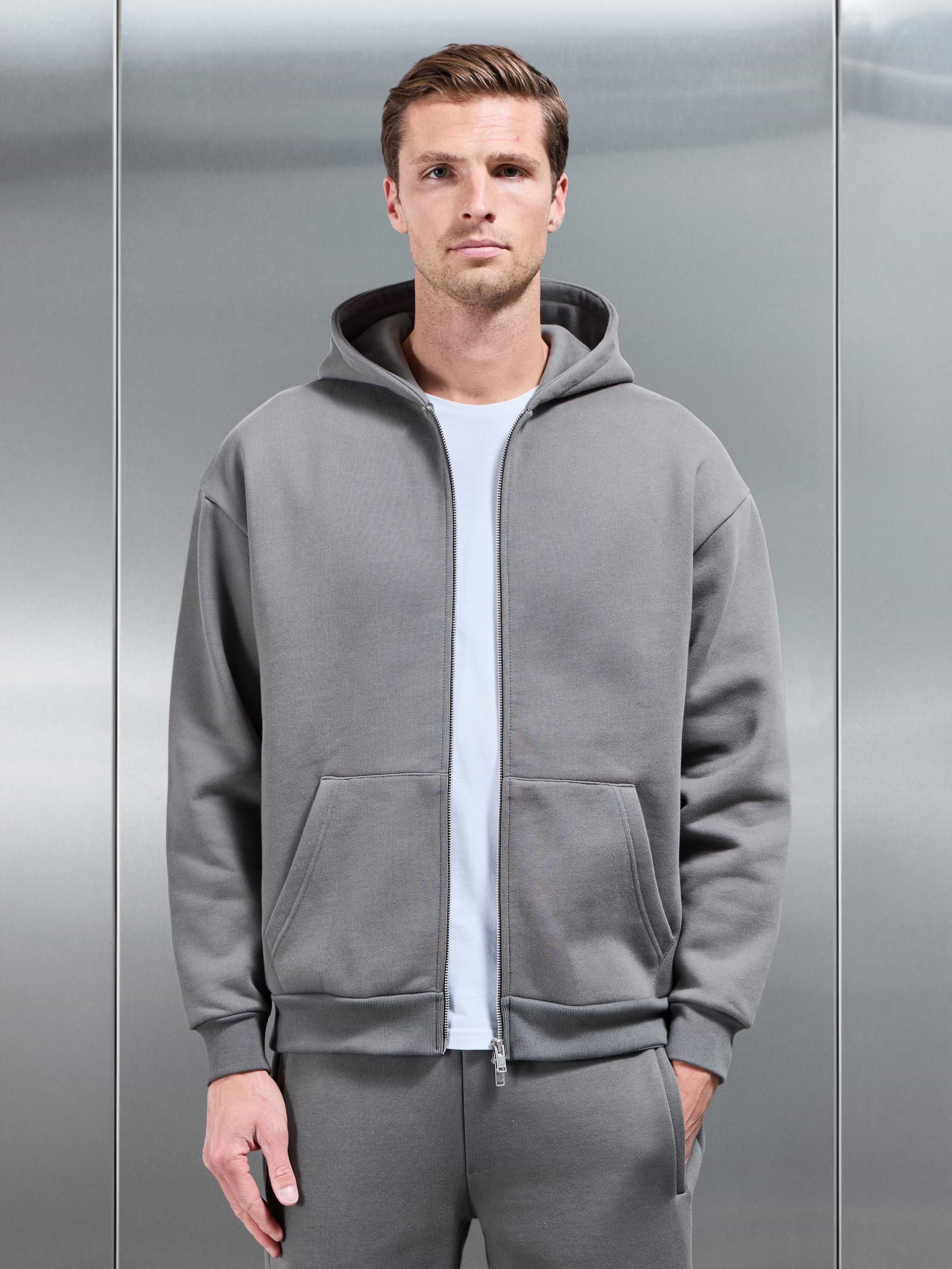 Relaxed Zip Through Hoodie in Grey