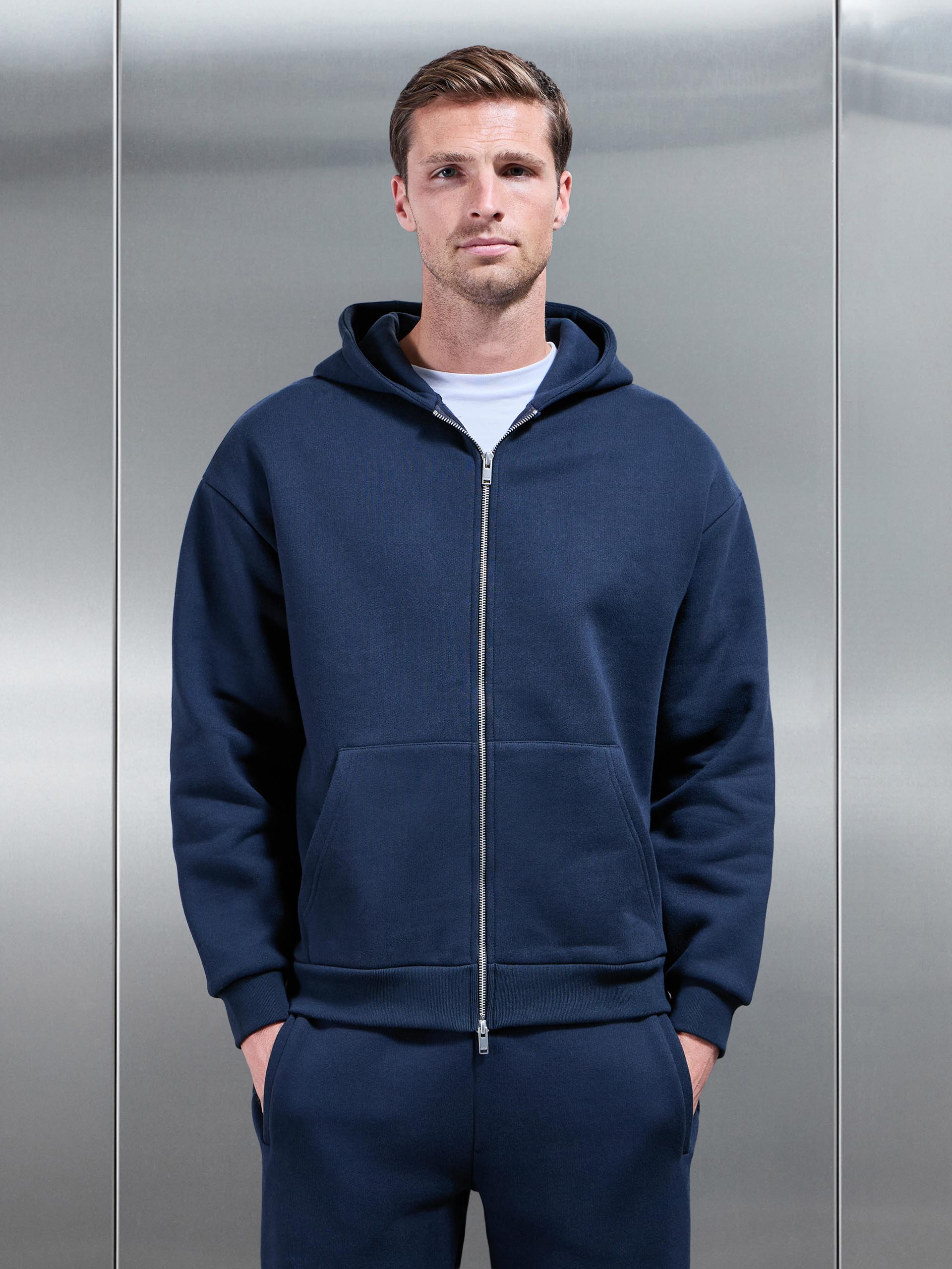 Relaxed Zip Through Hoodie in Navy