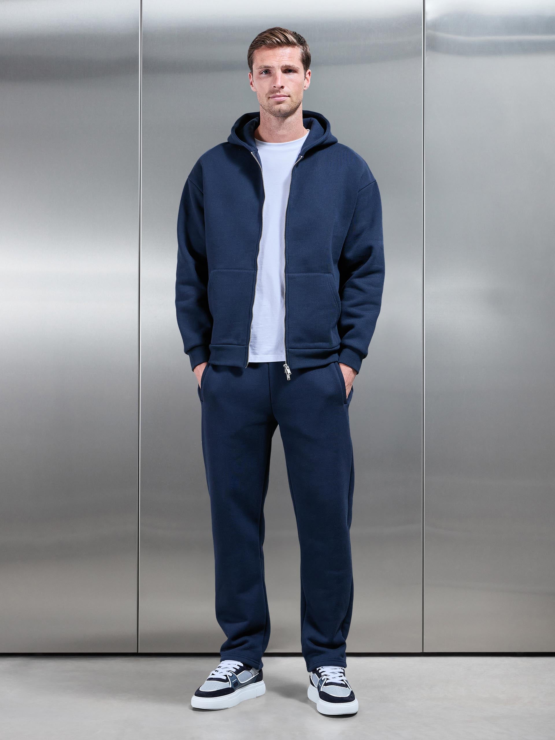 Relaxed Zip Through Hoodie in Navy
