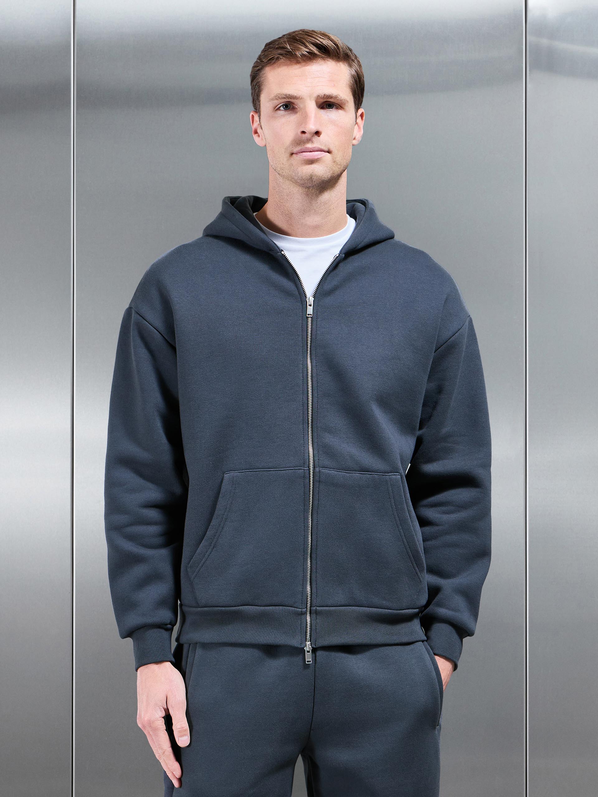 Relaxed Zip Through Hoodie in Slate Blue