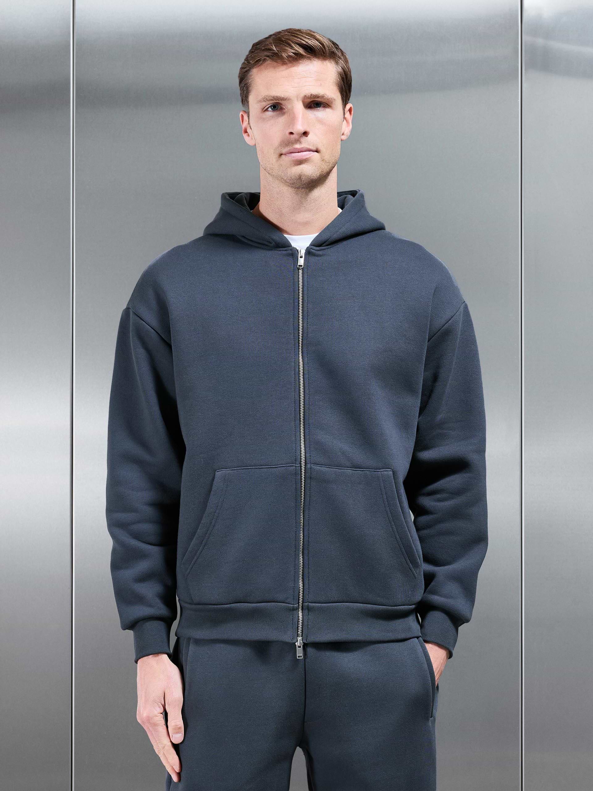 Relaxed Zip Through Hoodie in Slate Blue