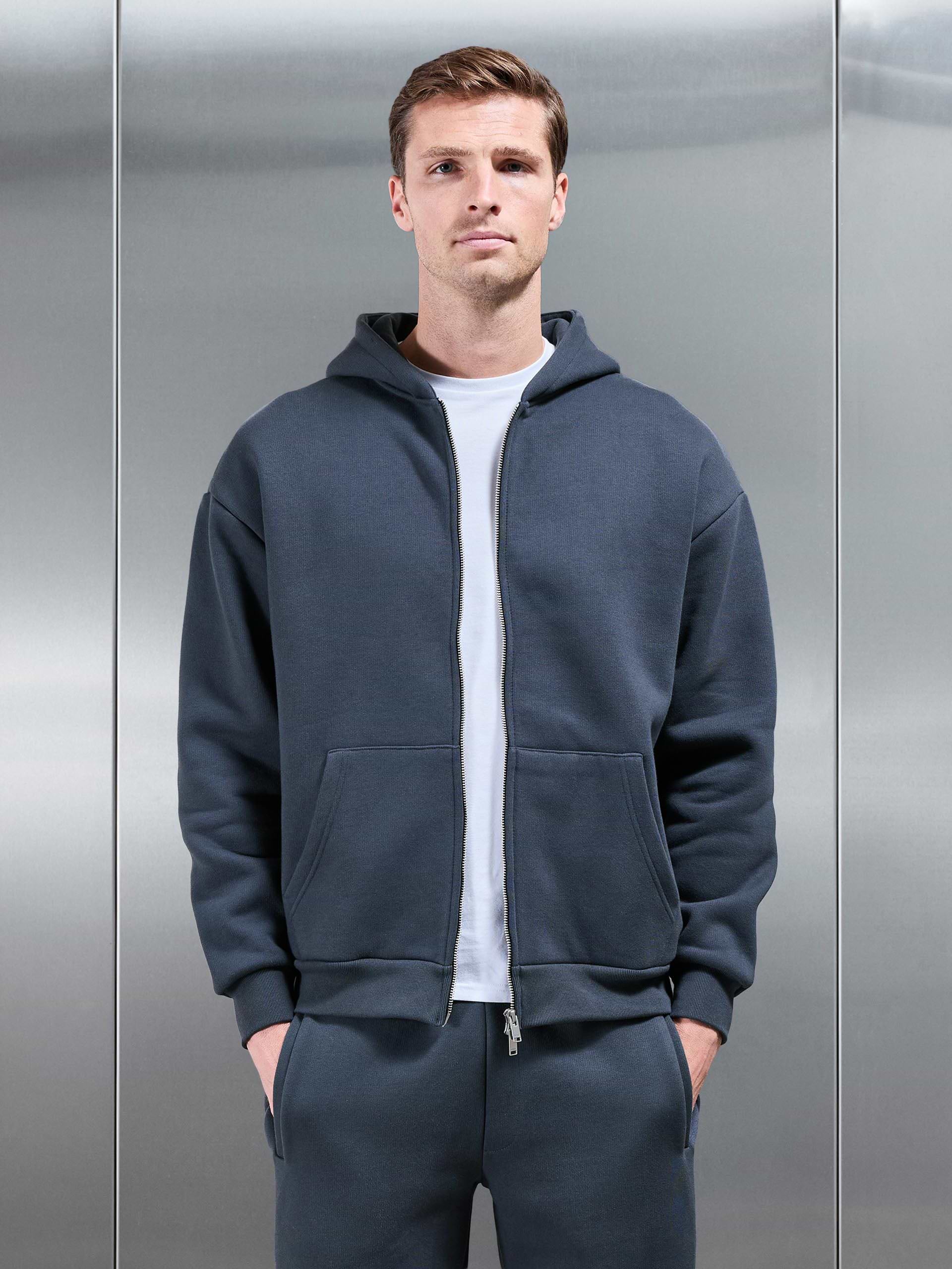 Relaxed Zip Through Hoodie in Slate Blue