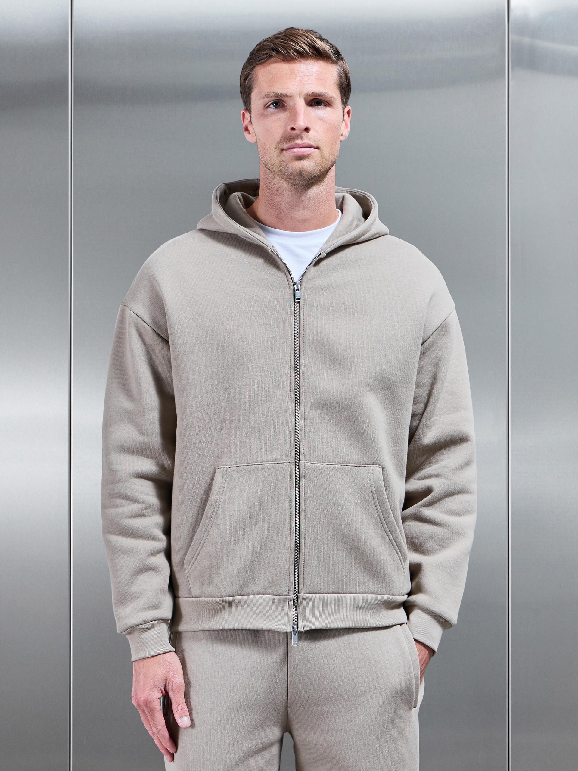 Relaxed Zip Through Hoodie in Stone