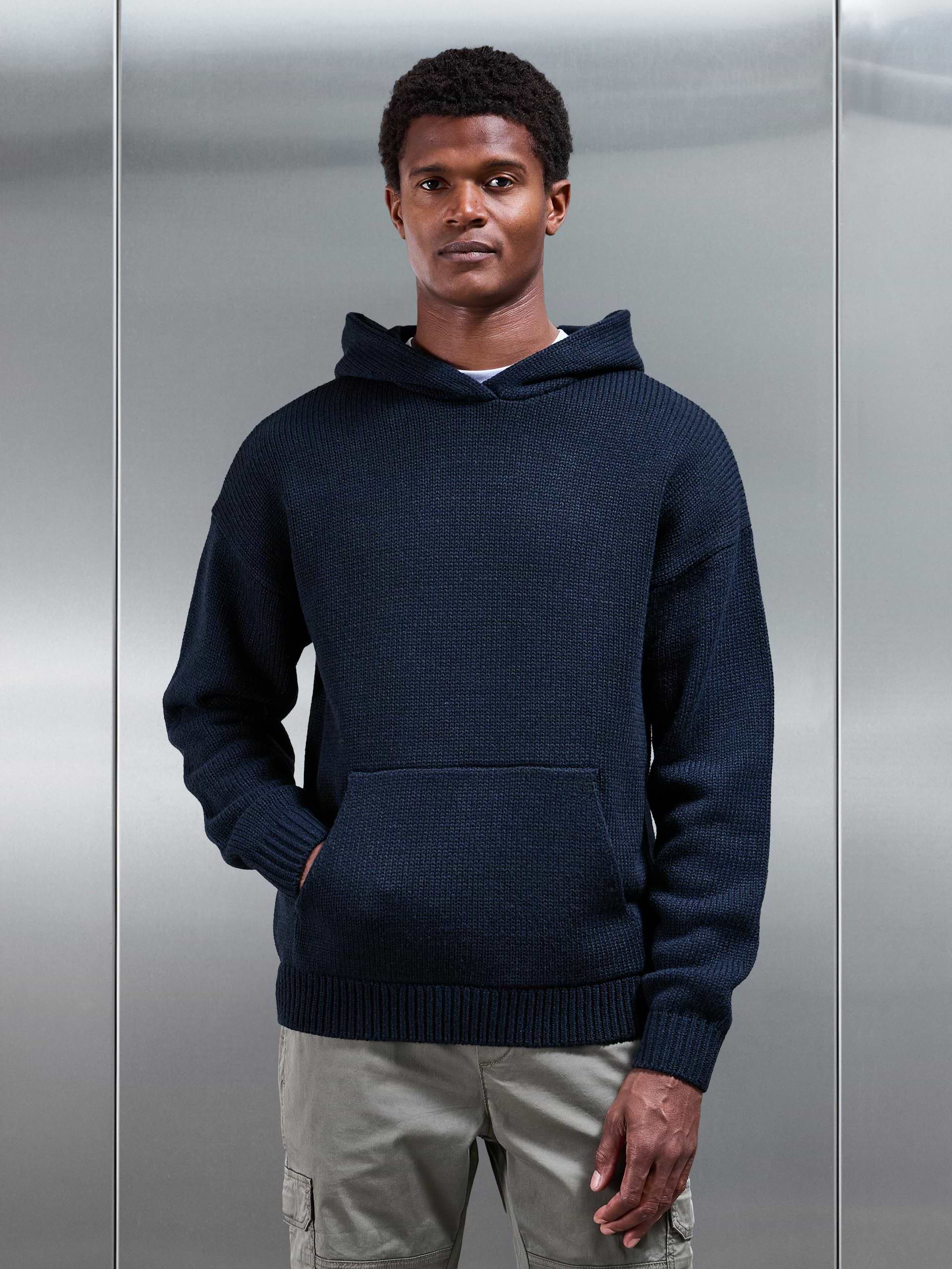 Relaxed Fit Chunky Knitted Hoodie in Navy