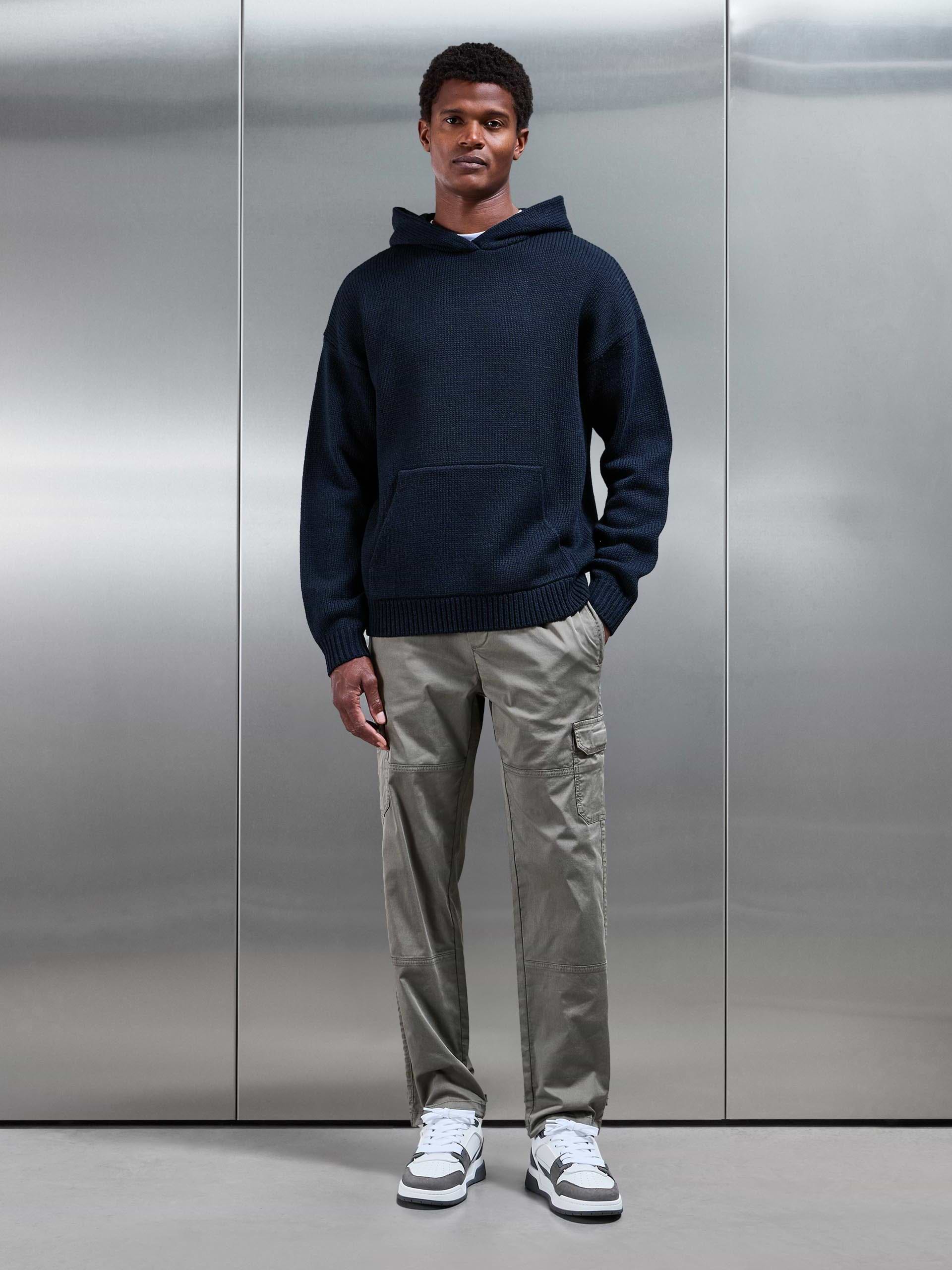 Relaxed Fit Chunky Knitted Hoodie in Navy