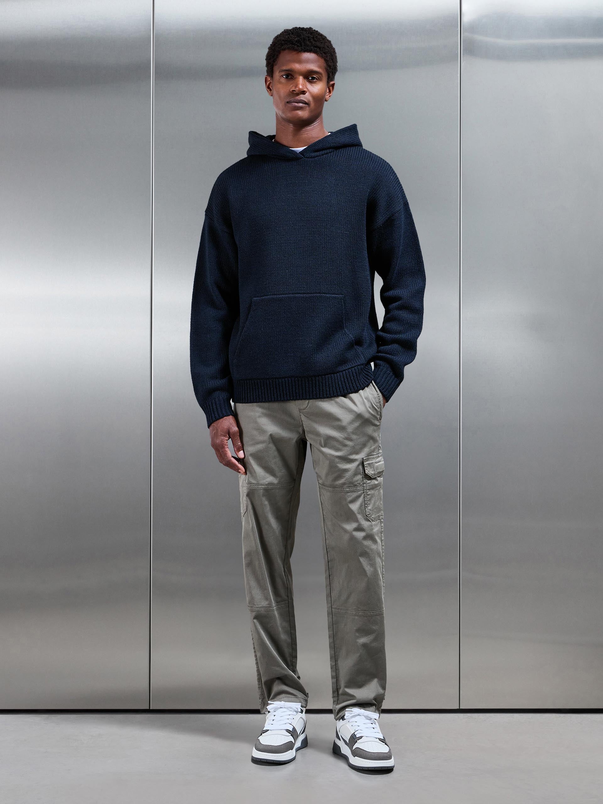 Relaxed Fit Chunky Knitted Hoodie in Navy