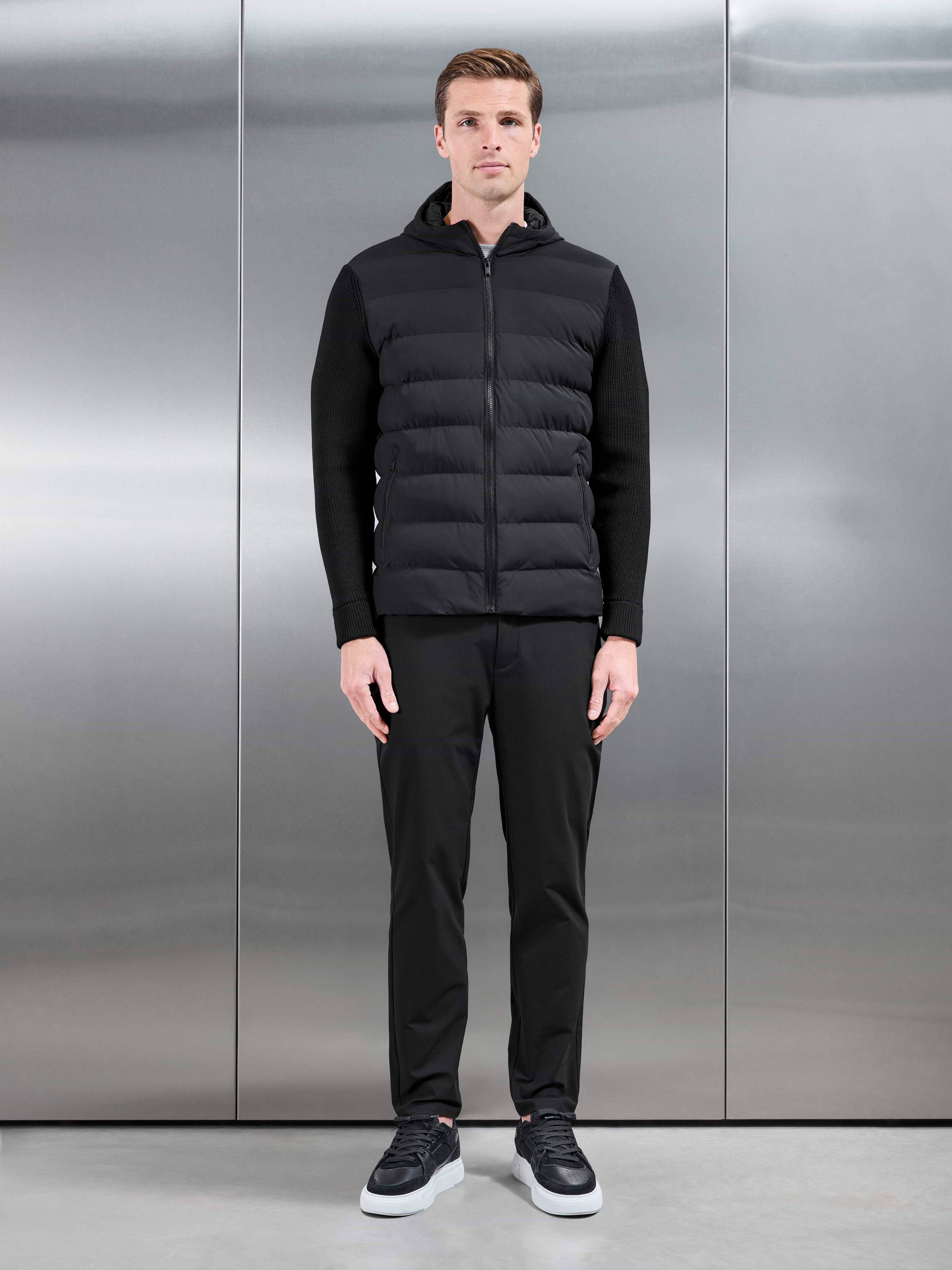 Ribbed Knit Hybrid Puffer Windbreaker in Black