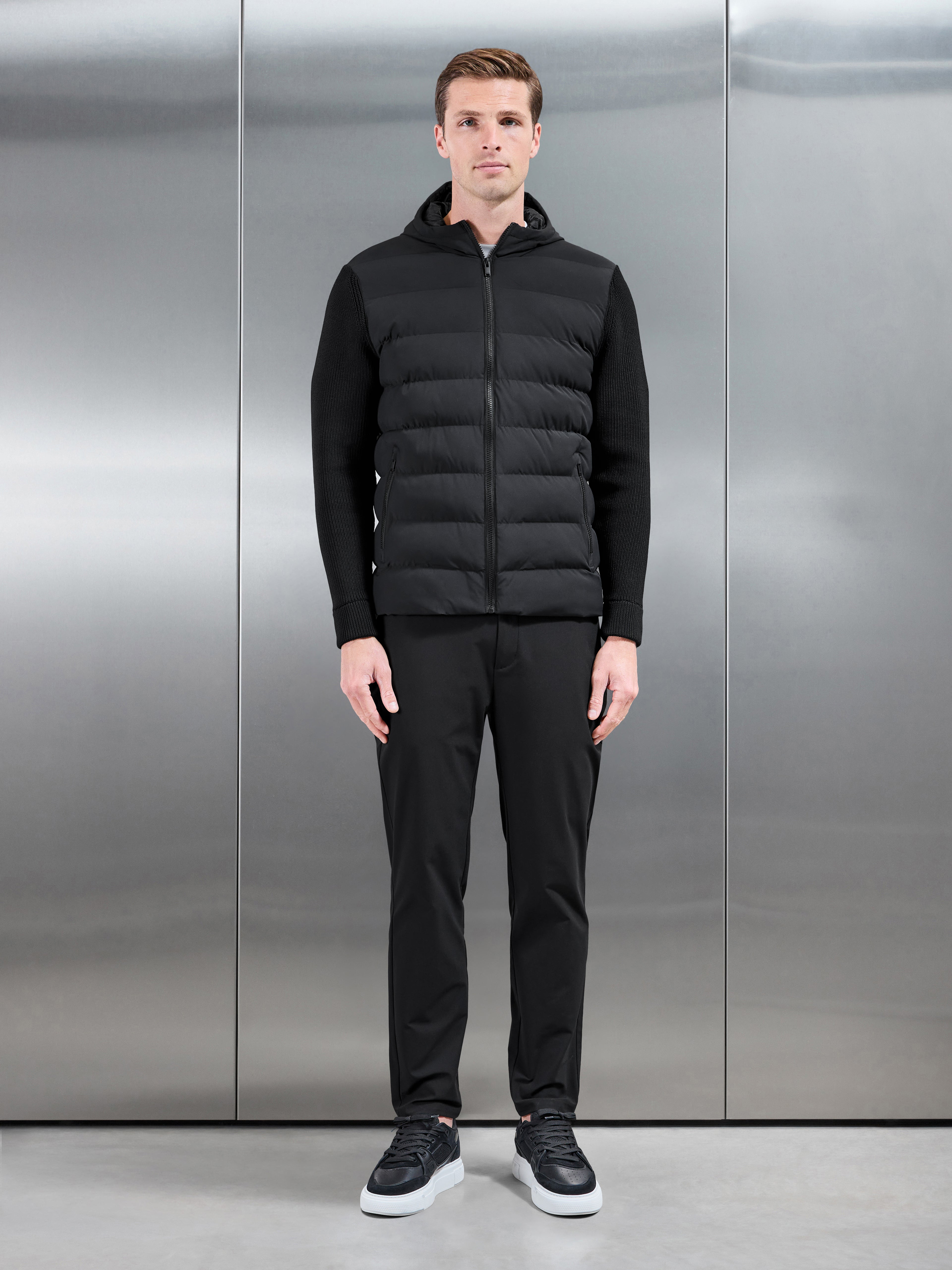 Ribbed Knit Hybrid Puffer Windbreaker in Black
