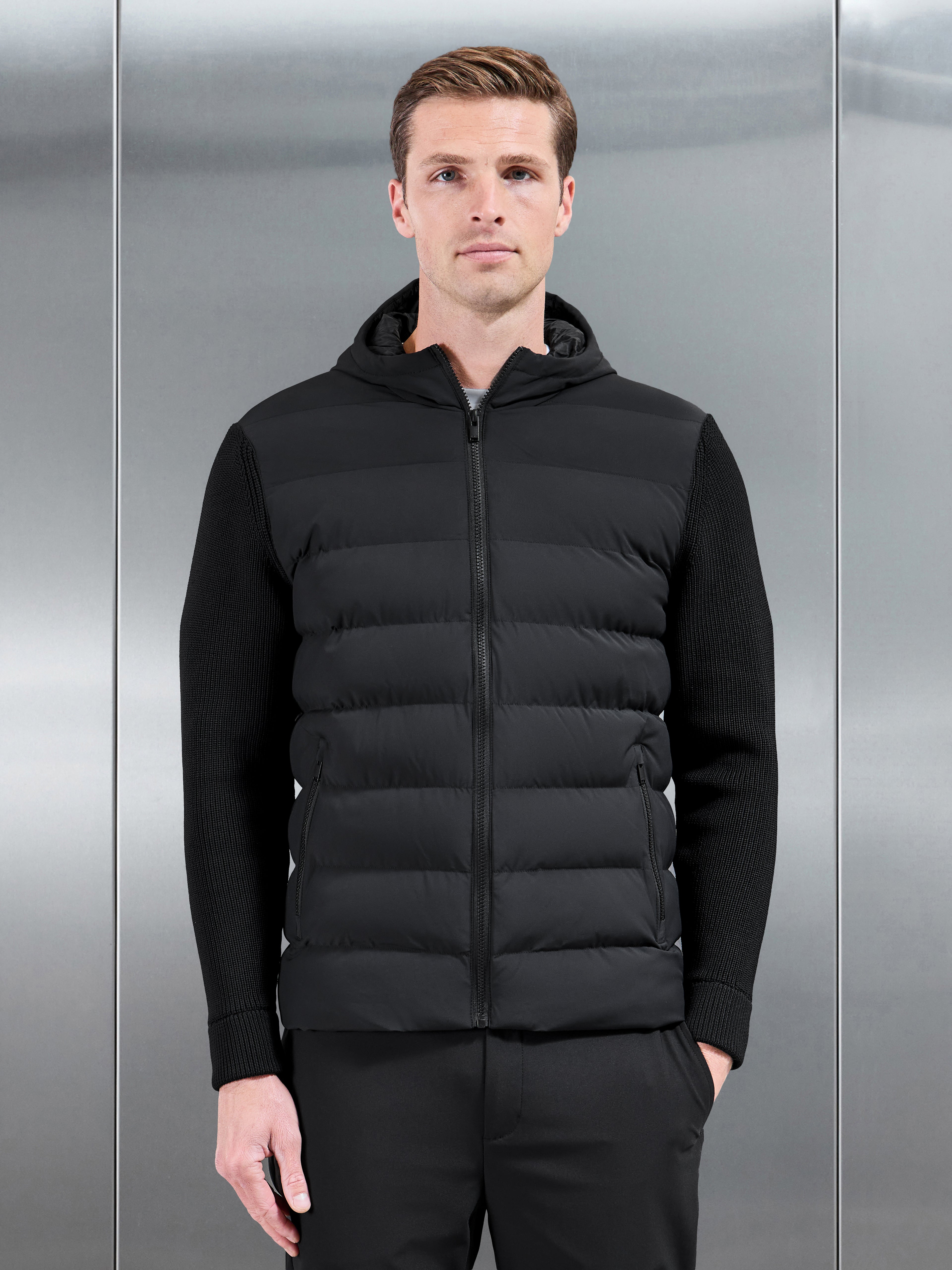 Ribbed Knit Hybrid Puffer Windbreaker in Black