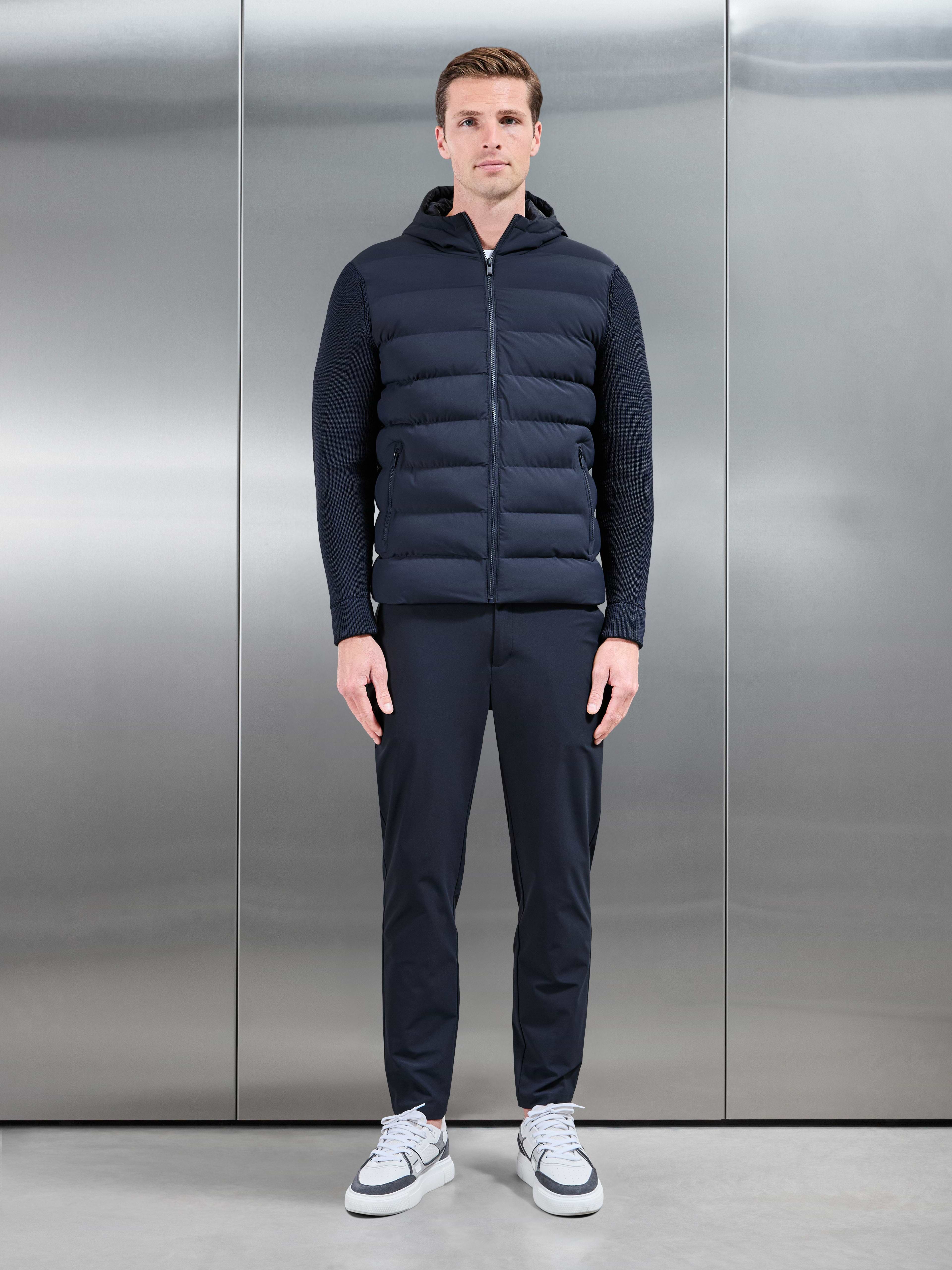 Ribbed Knit Hybrid Puffer Windbreaker in Navy
