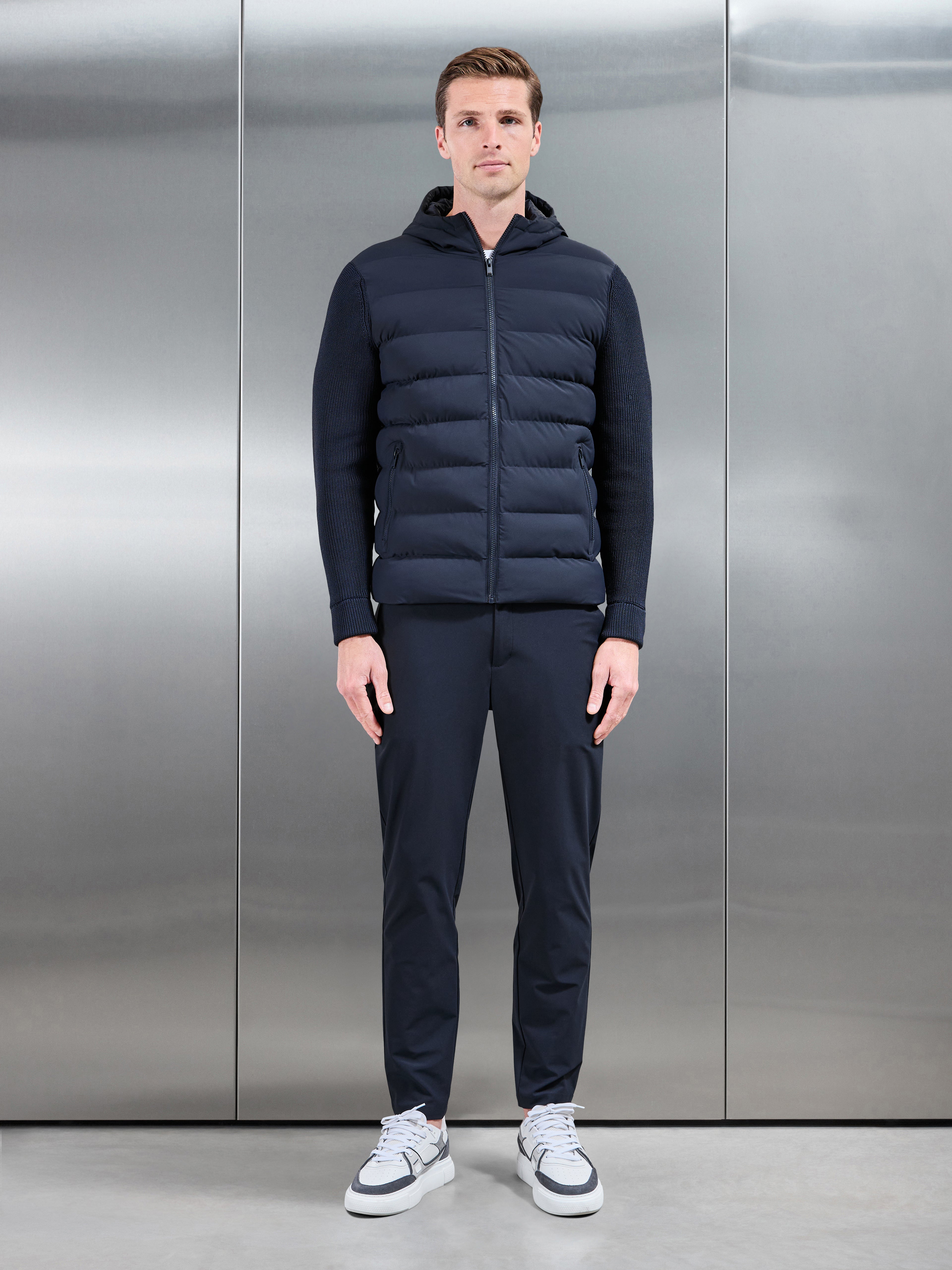 Ribbed Knit Hybrid Puffer Windbreaker in Navy