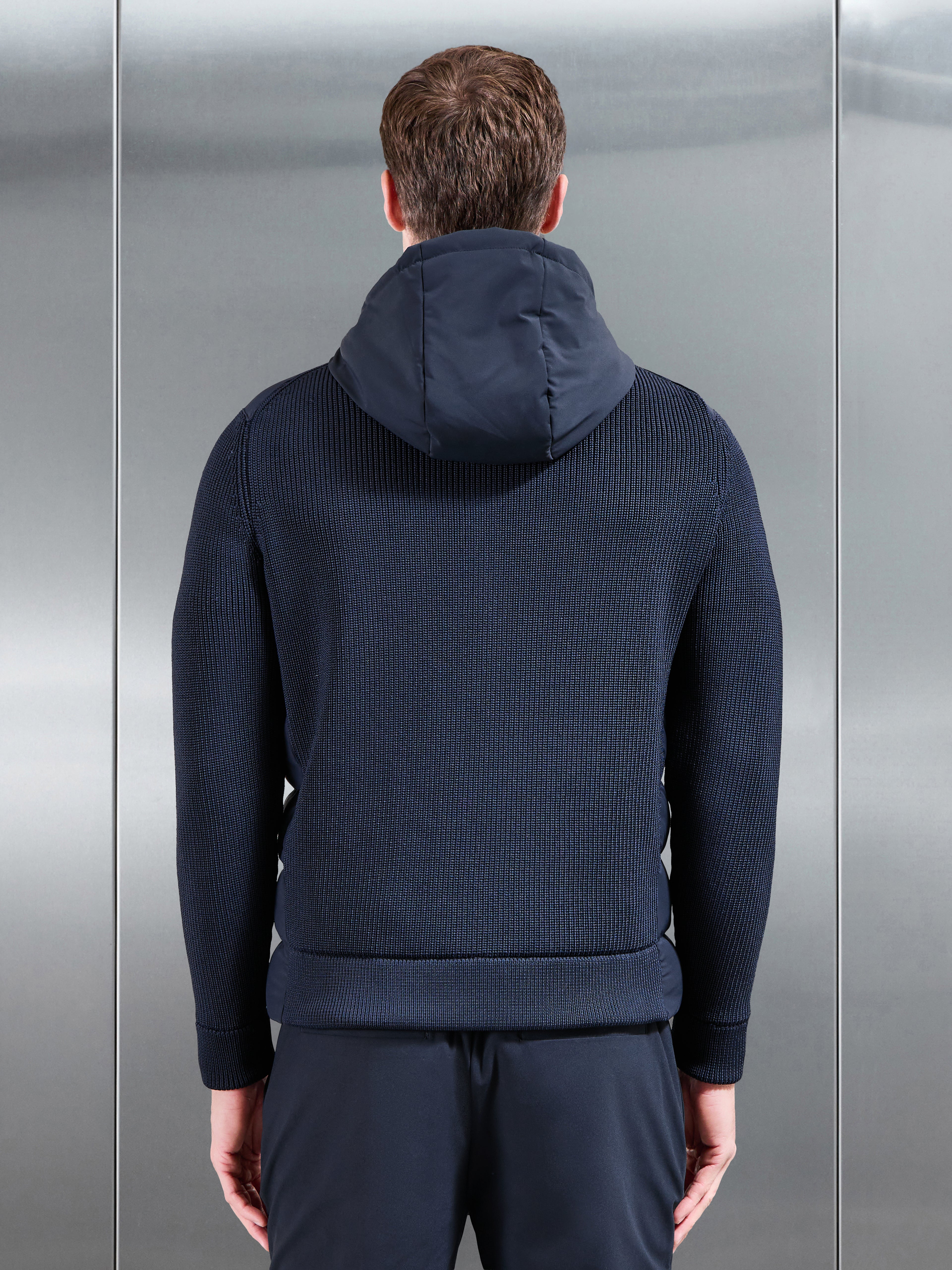 Ribbed Knit Hybrid Puffer Windbreaker in Navy
