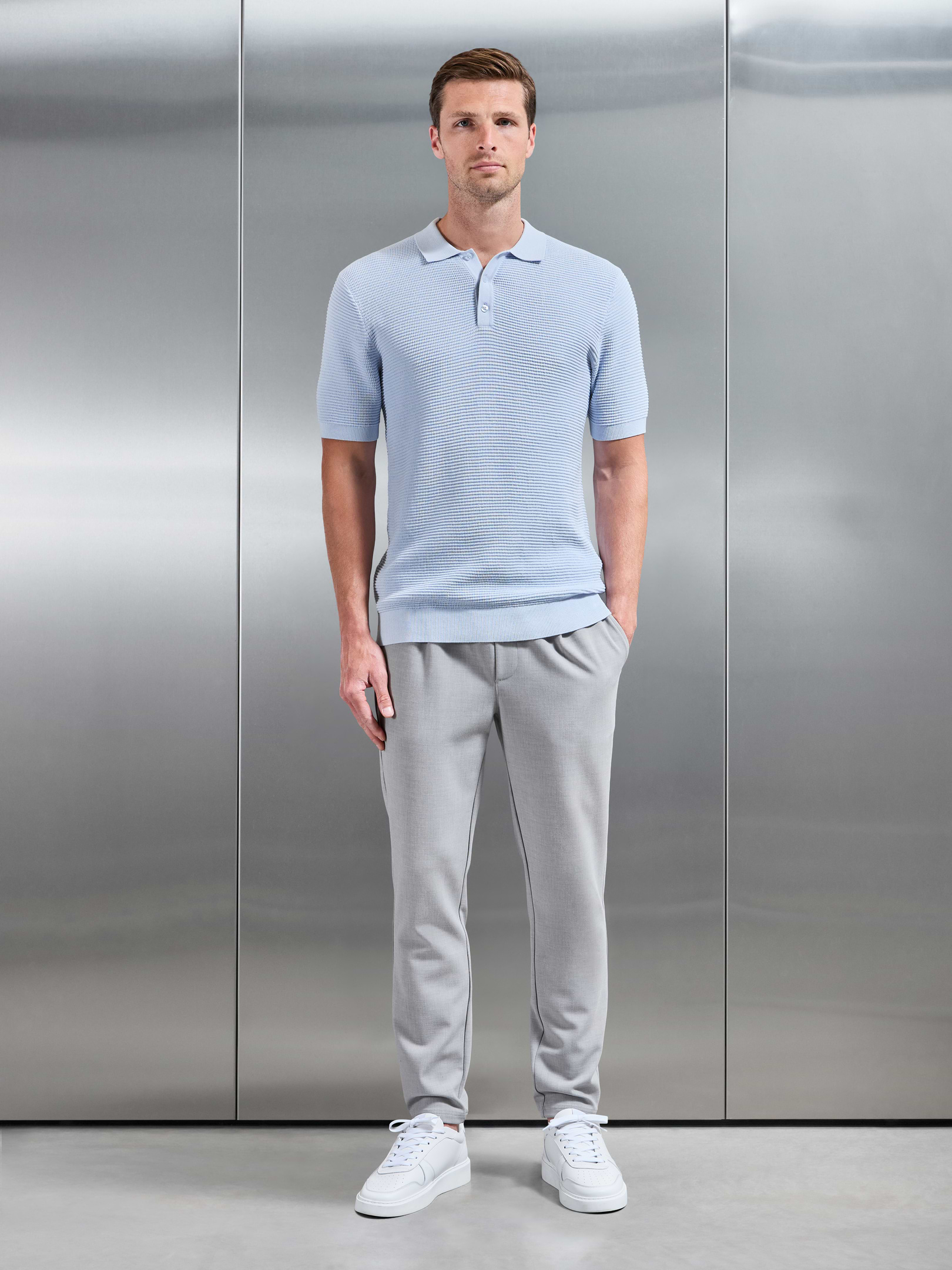 Ribbed Button Polo Shirt in Light Blue